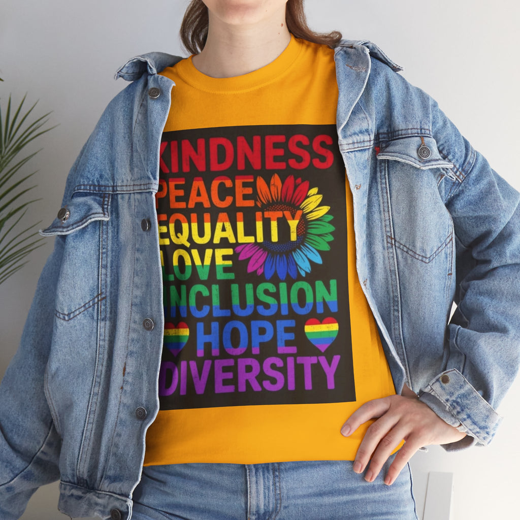 Kindness Peace Equality Rainbow T-Shirt — Pride Inclusion & Diversity Tee