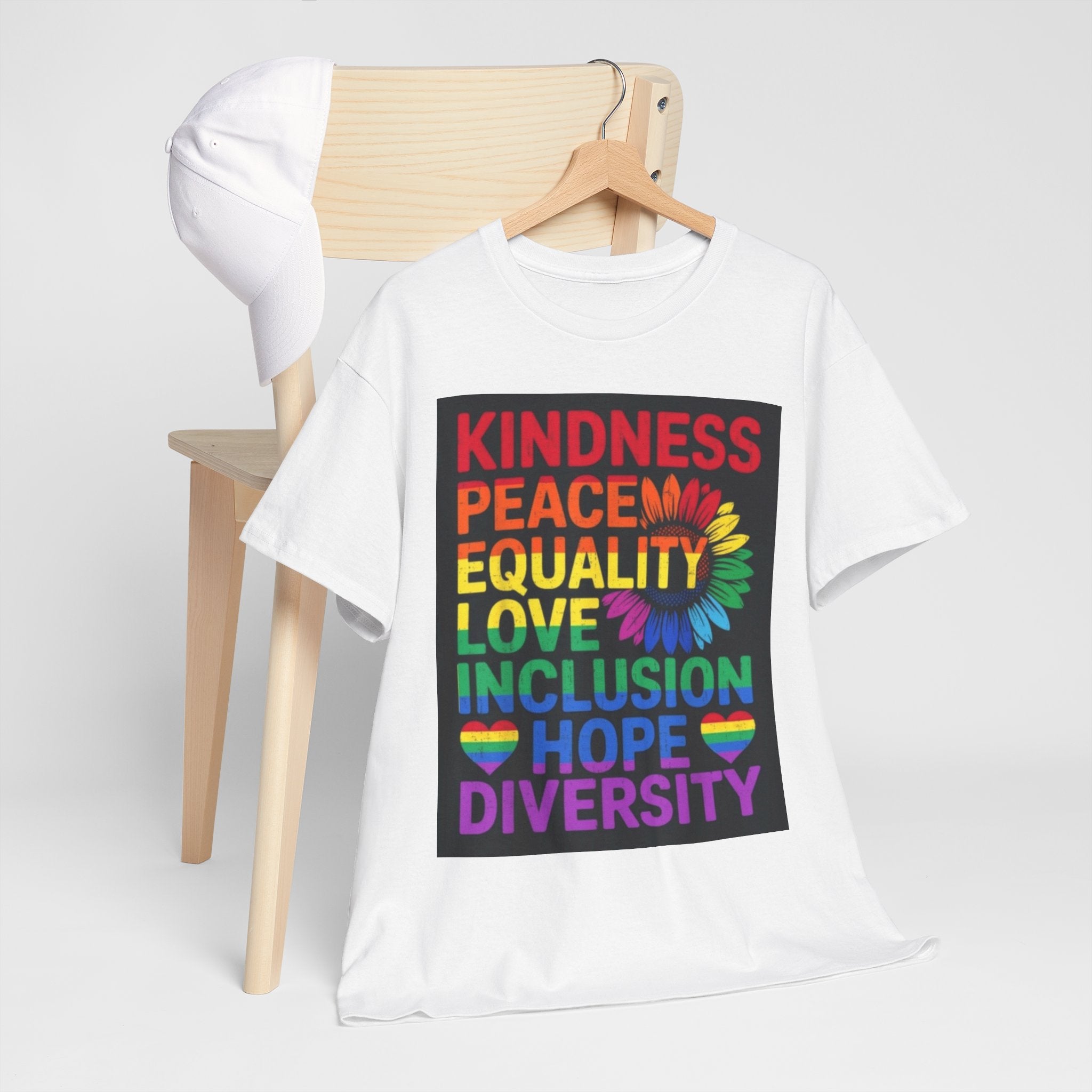 Kindness Peace Equality Rainbow T-Shirt — Pride Inclusion & Diversity Tee