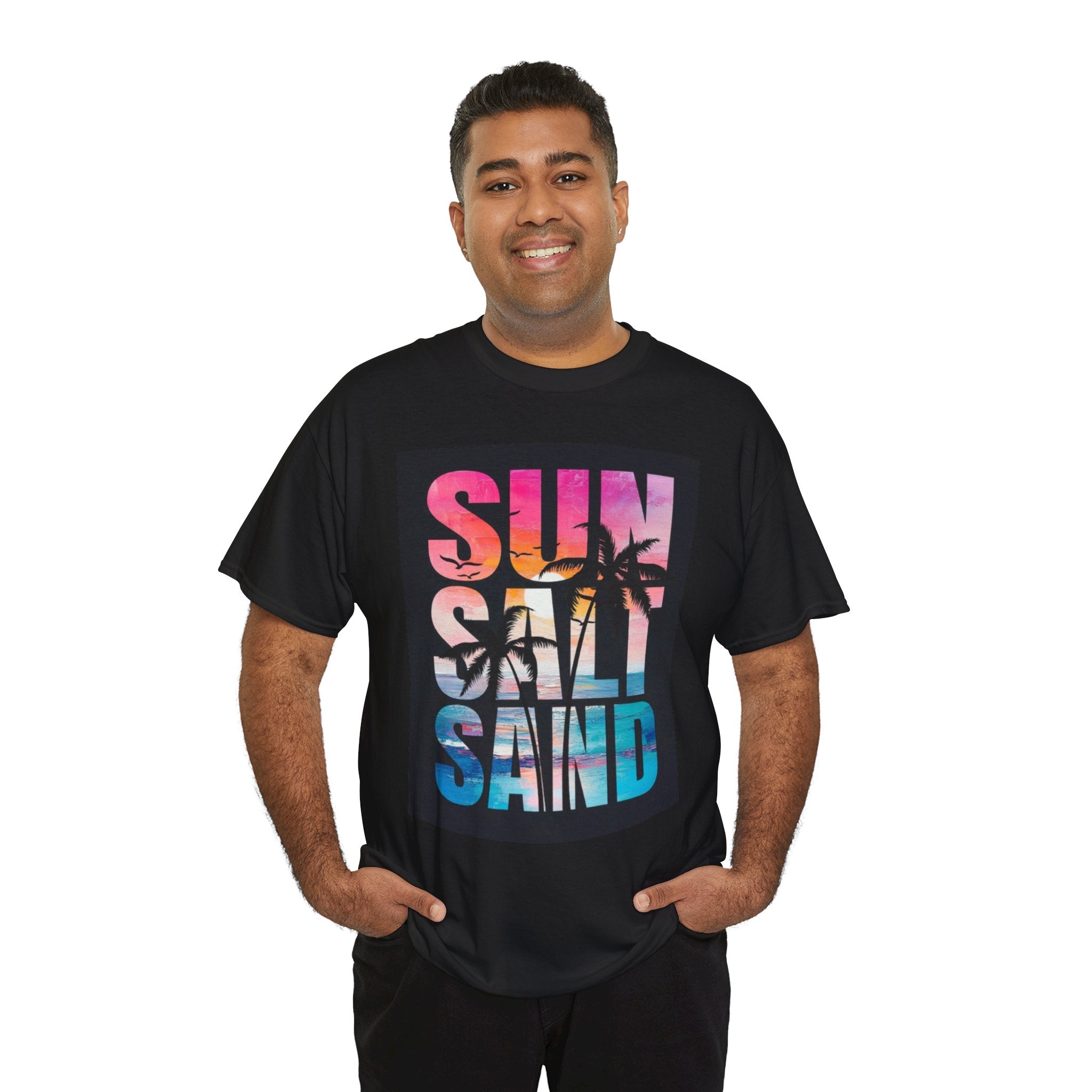 Sun Salt Sand Beach T-Shirt — Tropical Palm Sunset Graphic Tee
