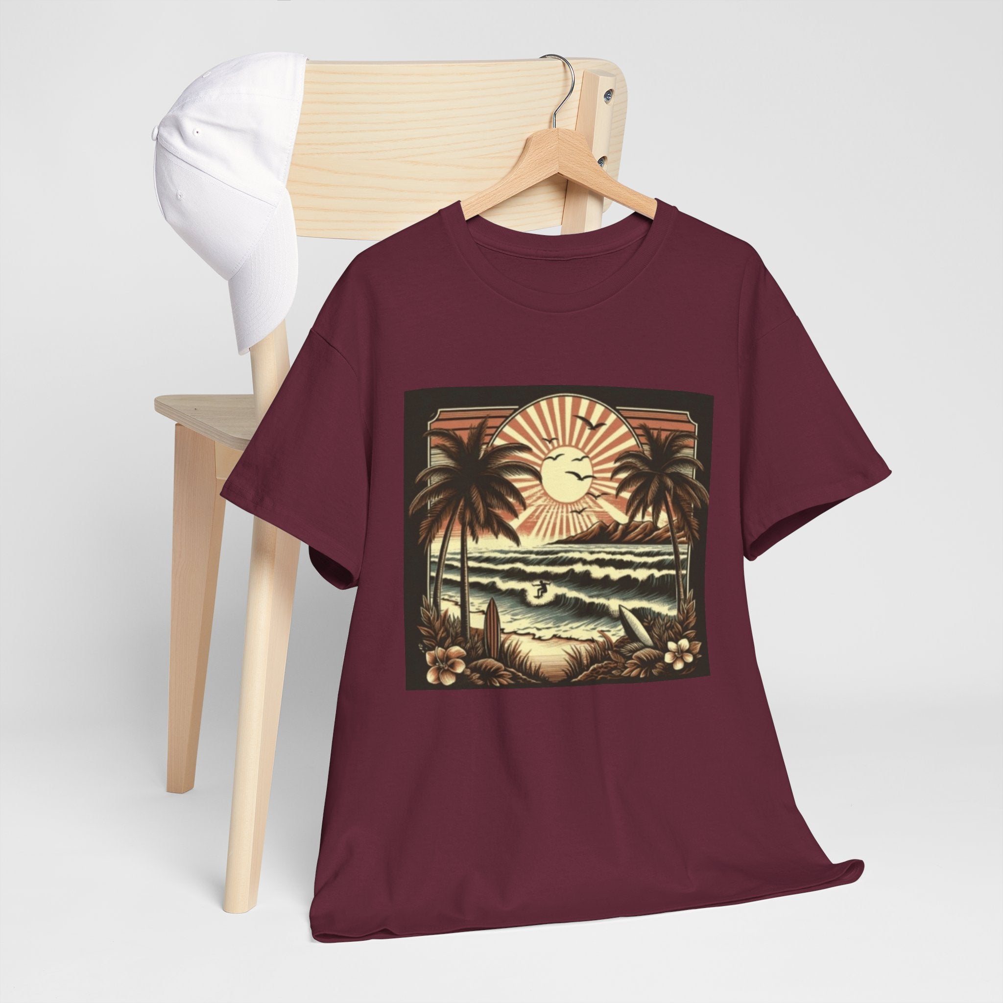 Retro Tropical Beach T-Shirt — Vintage Palm Sunset Graphic Tee