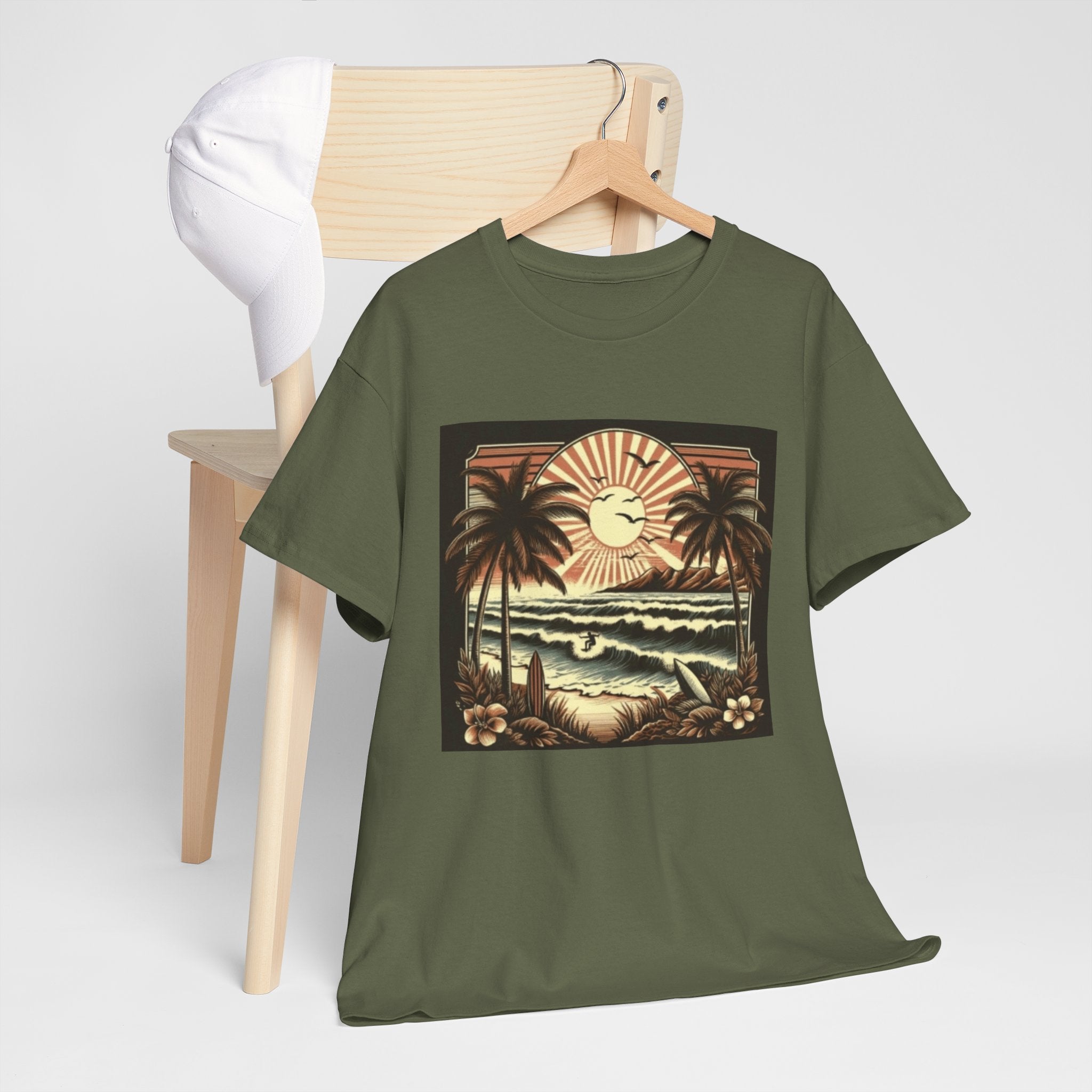 Retro Tropical Beach T-Shirt — Vintage Palm Sunset Graphic Tee