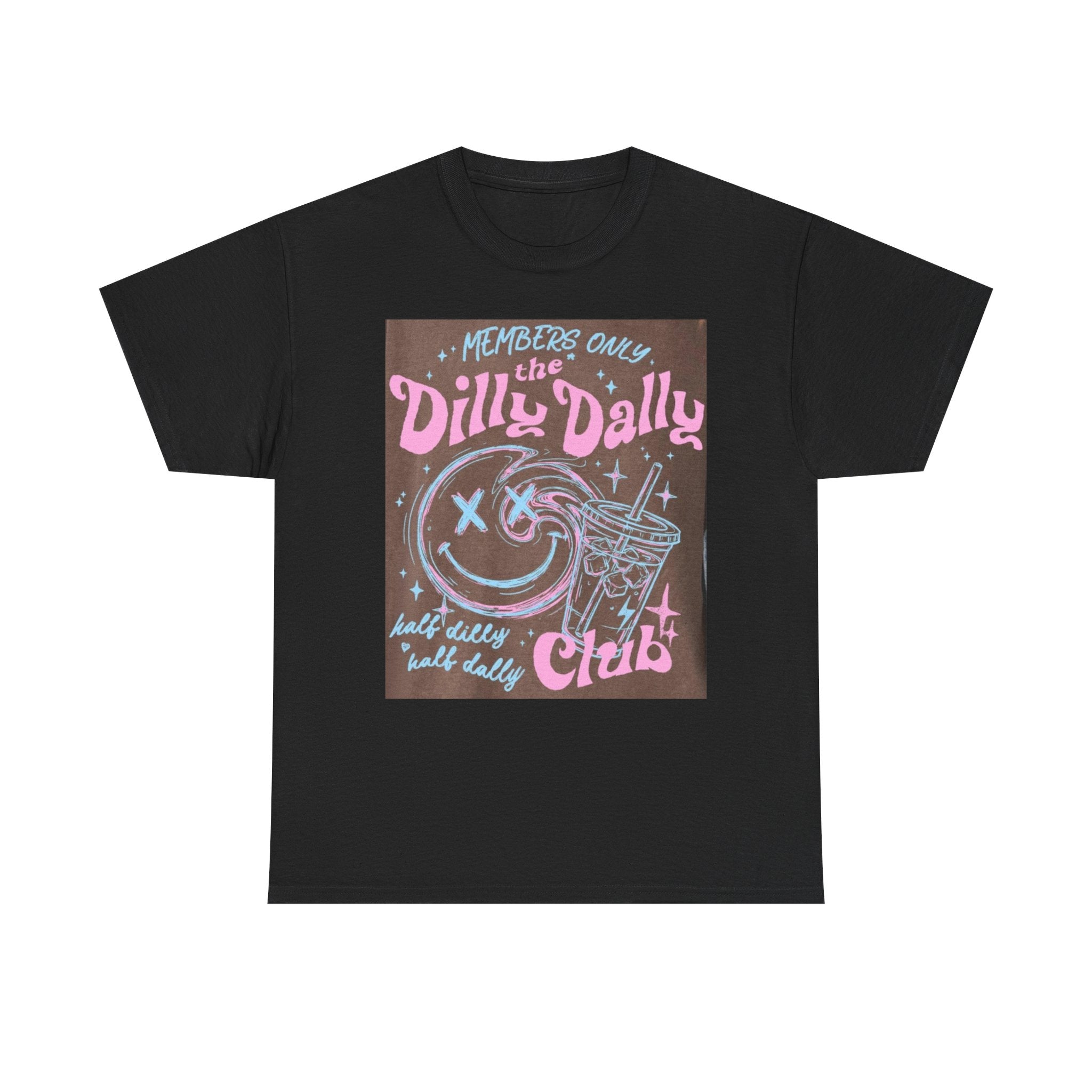 Dilly Dally Club Graphic Tee — Retro Pastel Drink & Moon Design