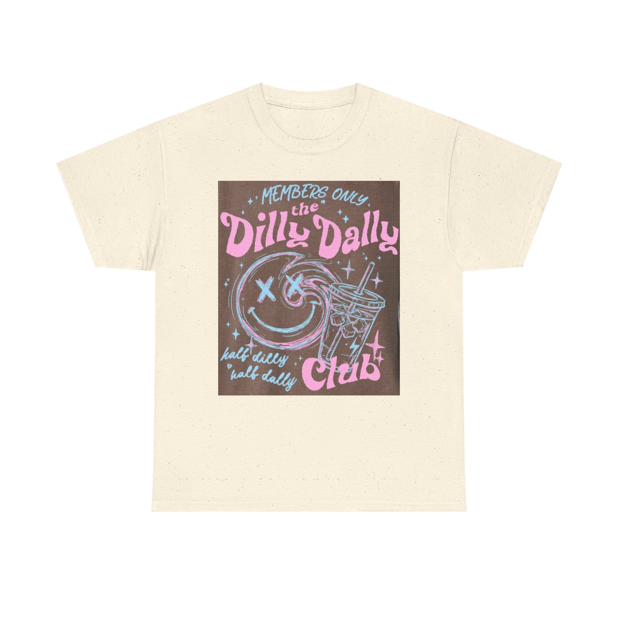 Dilly Dally Club Graphic Tee — Retro Pastel Drink & Moon Design