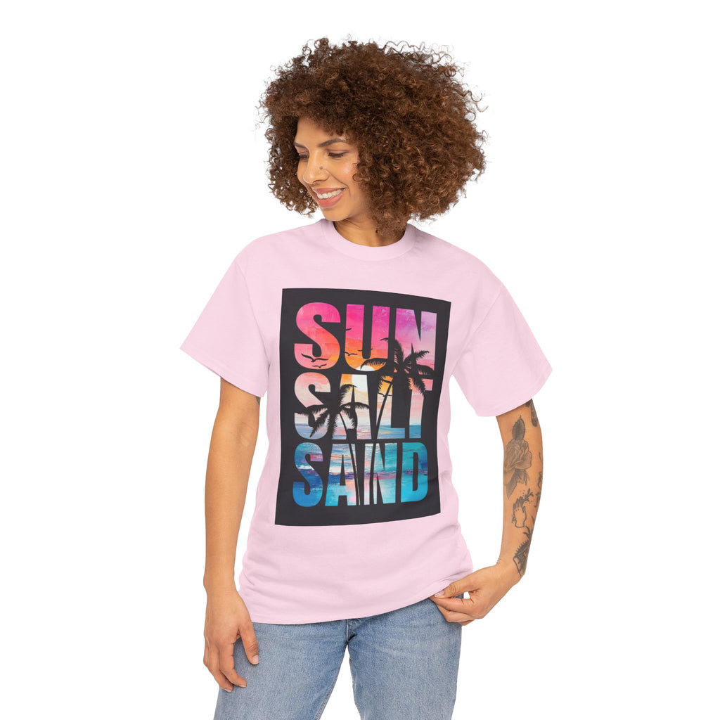 Sun Salt Sand Beach T-Shirt — Tropical Palm Sunset Graphic Tee