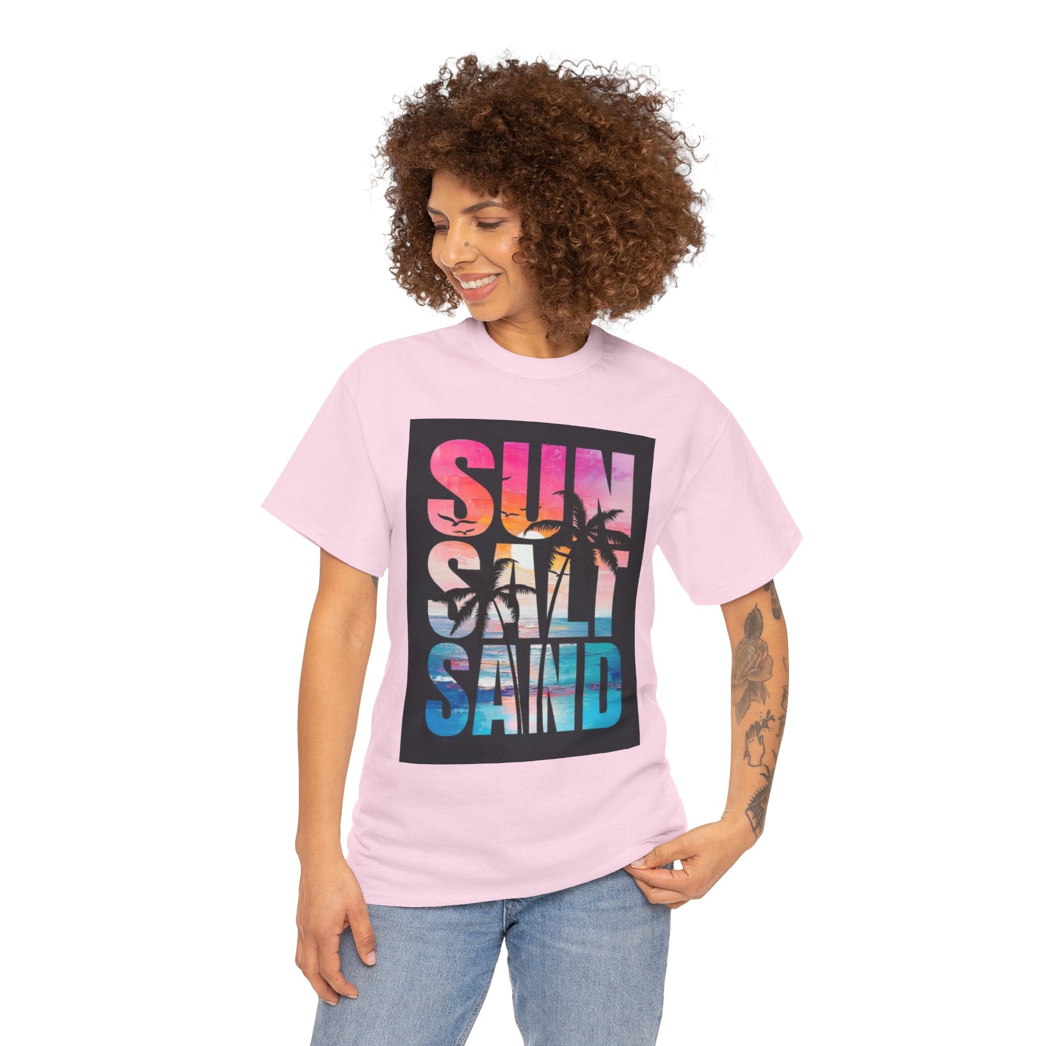 Sun Salt Sand Beach T-Shirt — Tropical Palm Sunset Graphic Tee