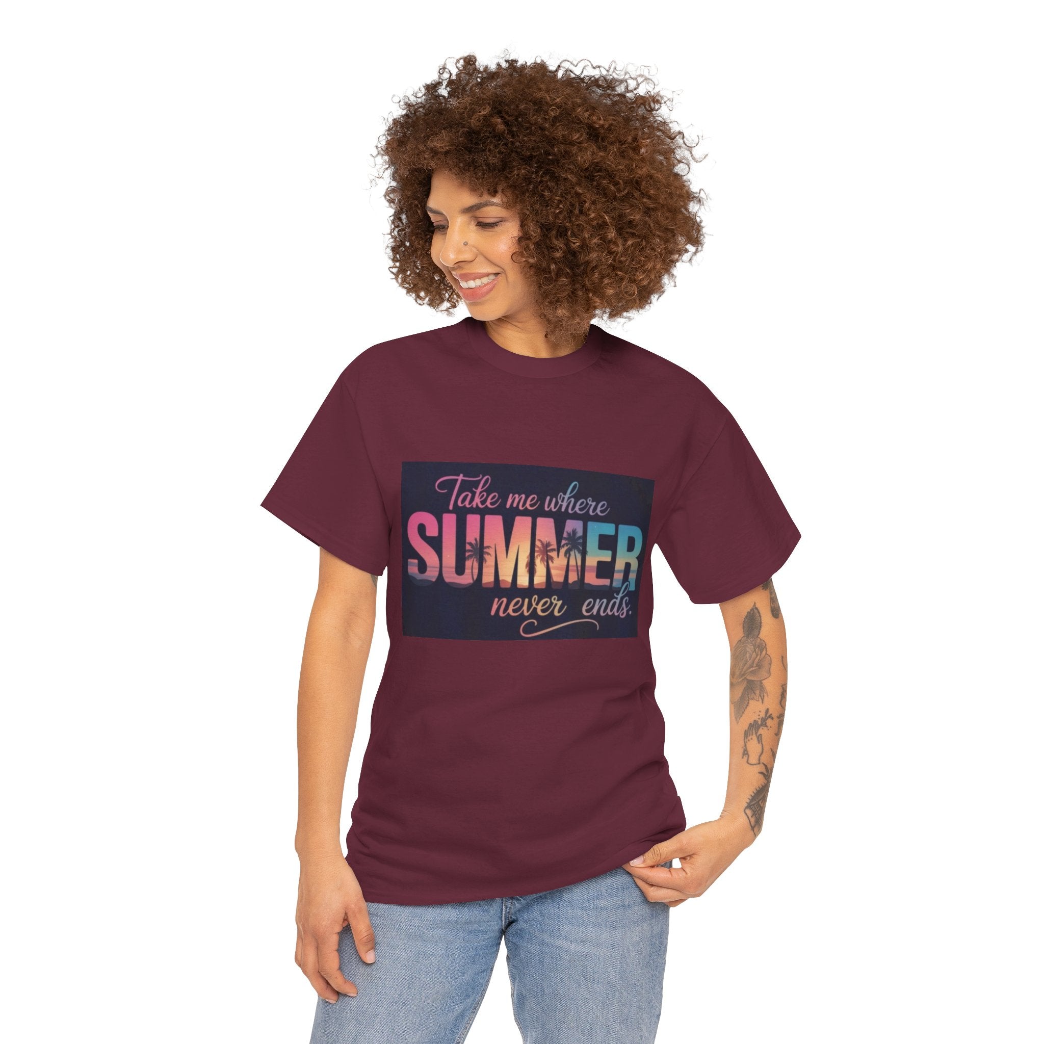 T-Shirt — "Take Me Where Summer Never Ends" Retro Beach Vibes