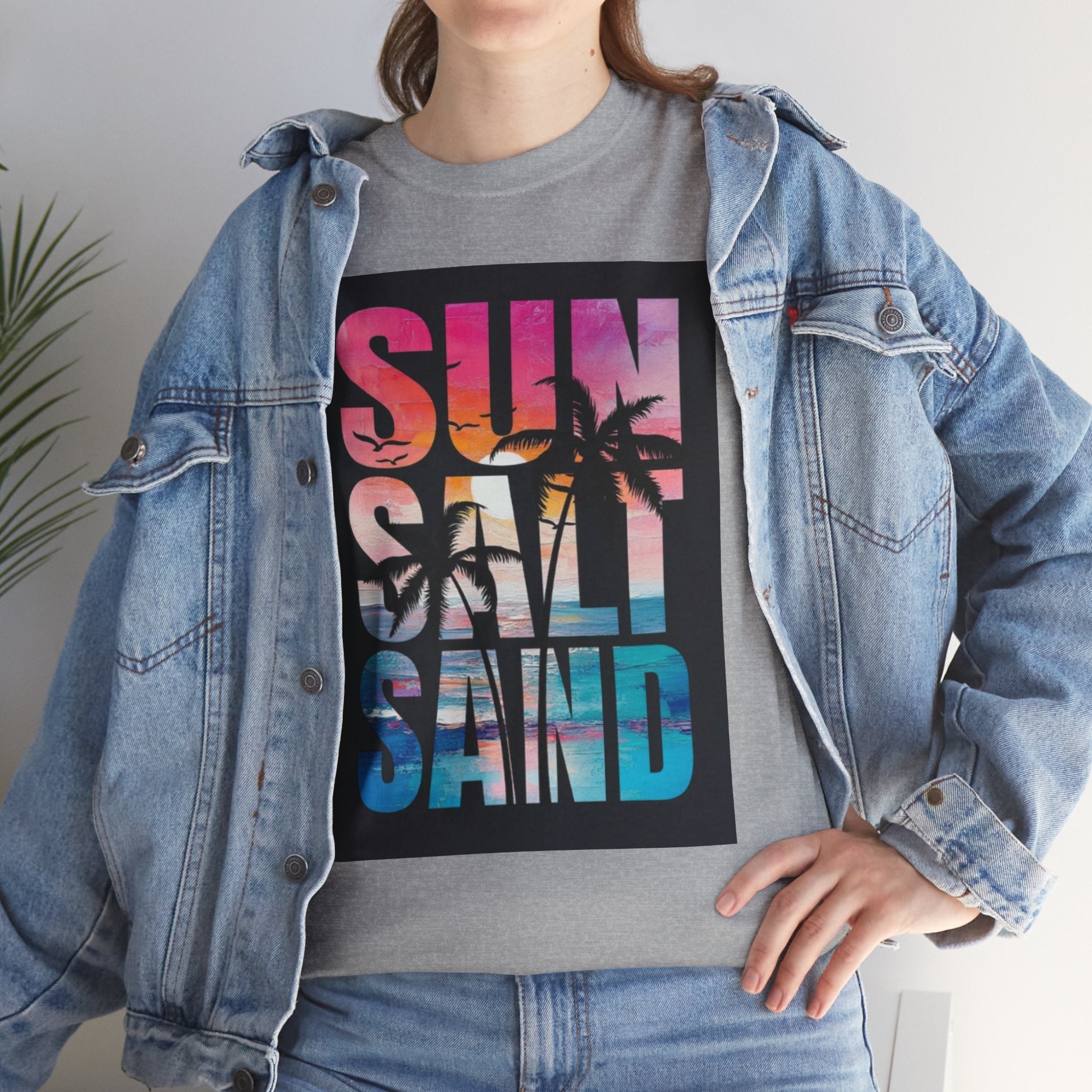 Sun Salt Sand Beach T-Shirt — Tropical Palm Sunset Graphic Tee
