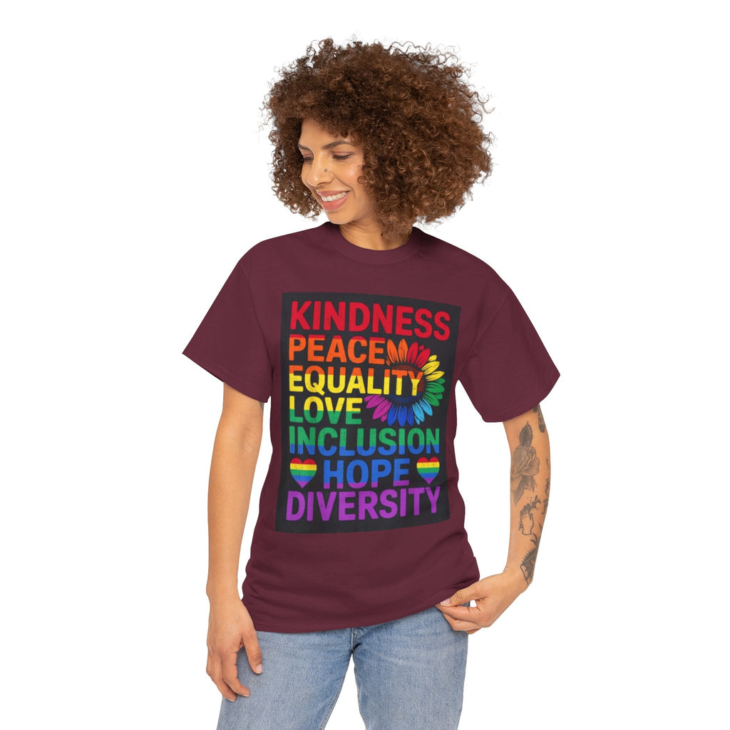 Kindness Peace Equality Rainbow T-Shirt — Pride Inclusion & Diversity Tee