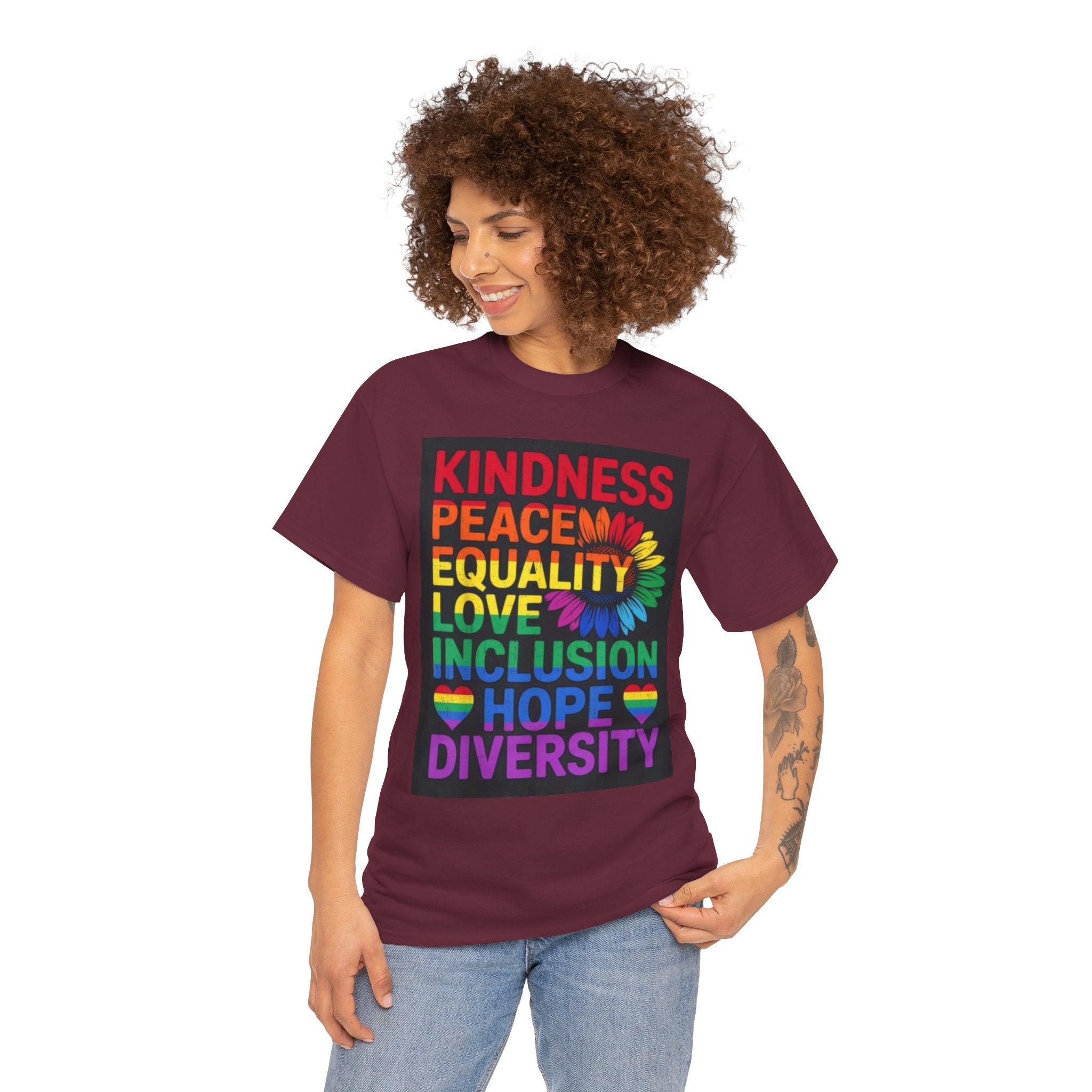 Kindness Peace Equality Rainbow T-Shirt — Pride Inclusion & Diversity Tee