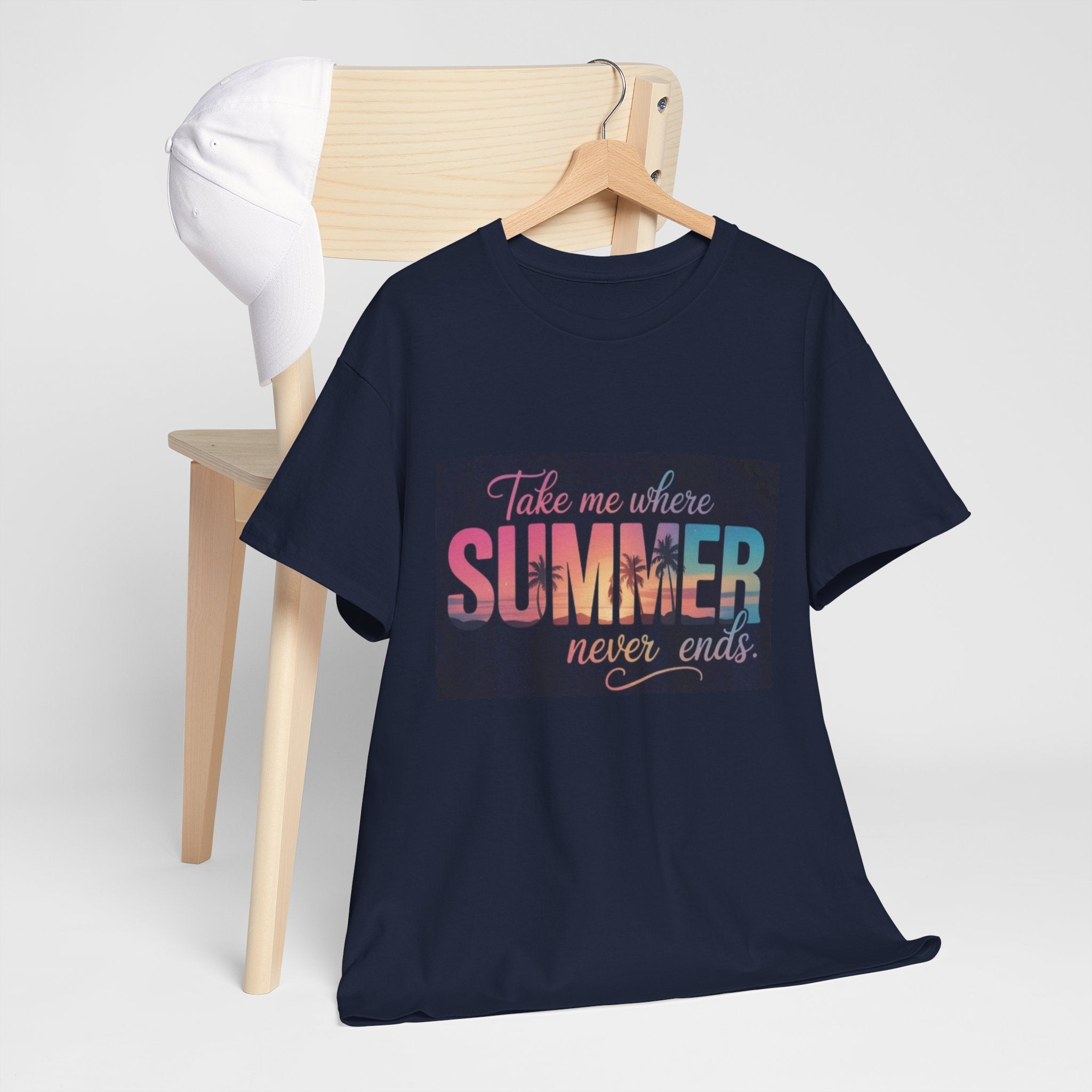 T-Shirt — "Take Me Where Summer Never Ends" Retro Beach Vibes
