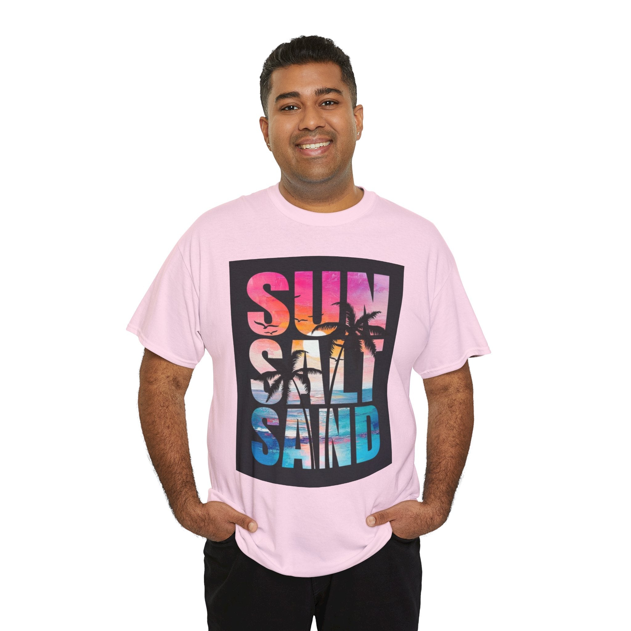Sun Salt Sand Beach T-Shirt — Tropical Palm Sunset Graphic Tee