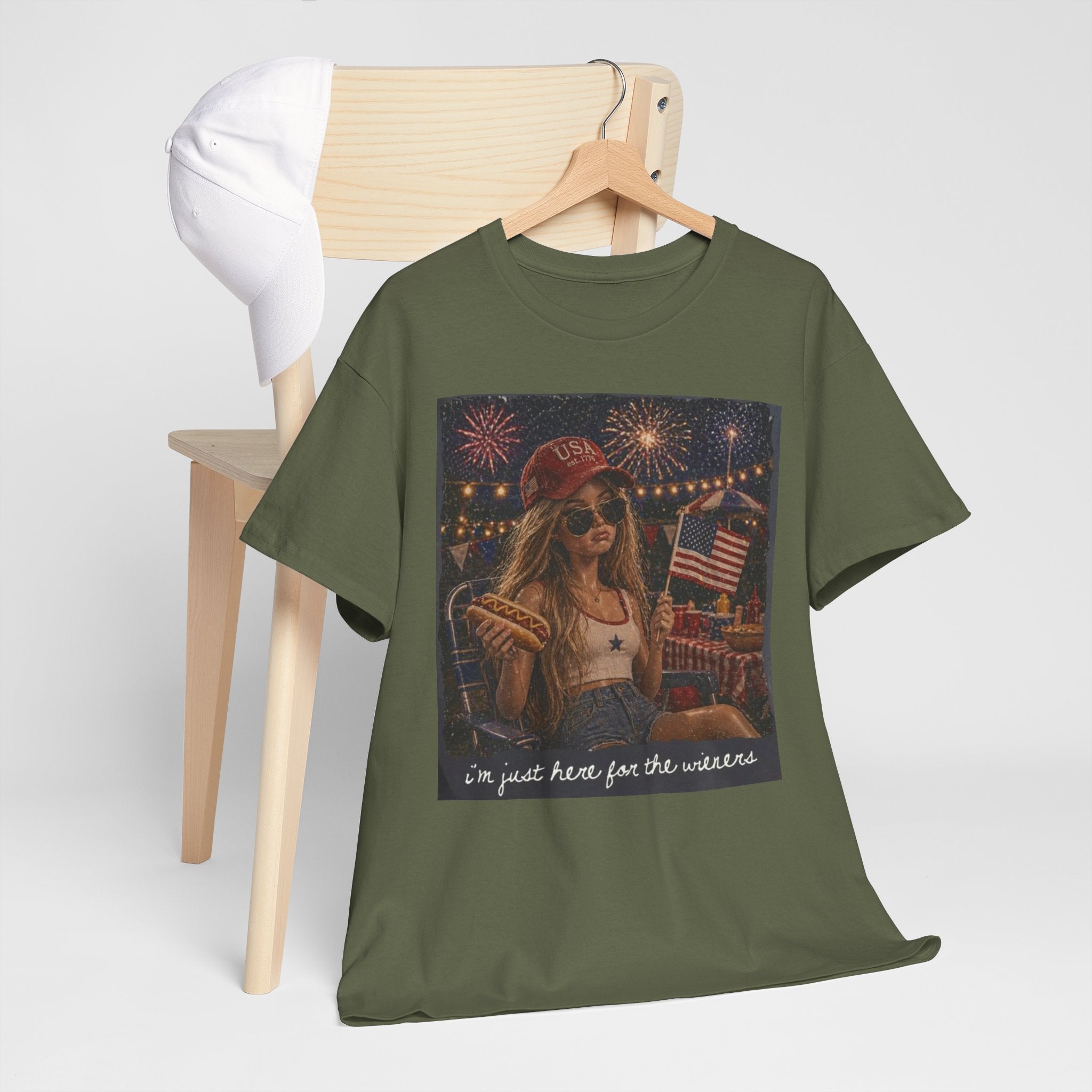 Patriotic Girl Graphic Tee — "I'm Just Here for the Fireworks" 4th of July Shirt