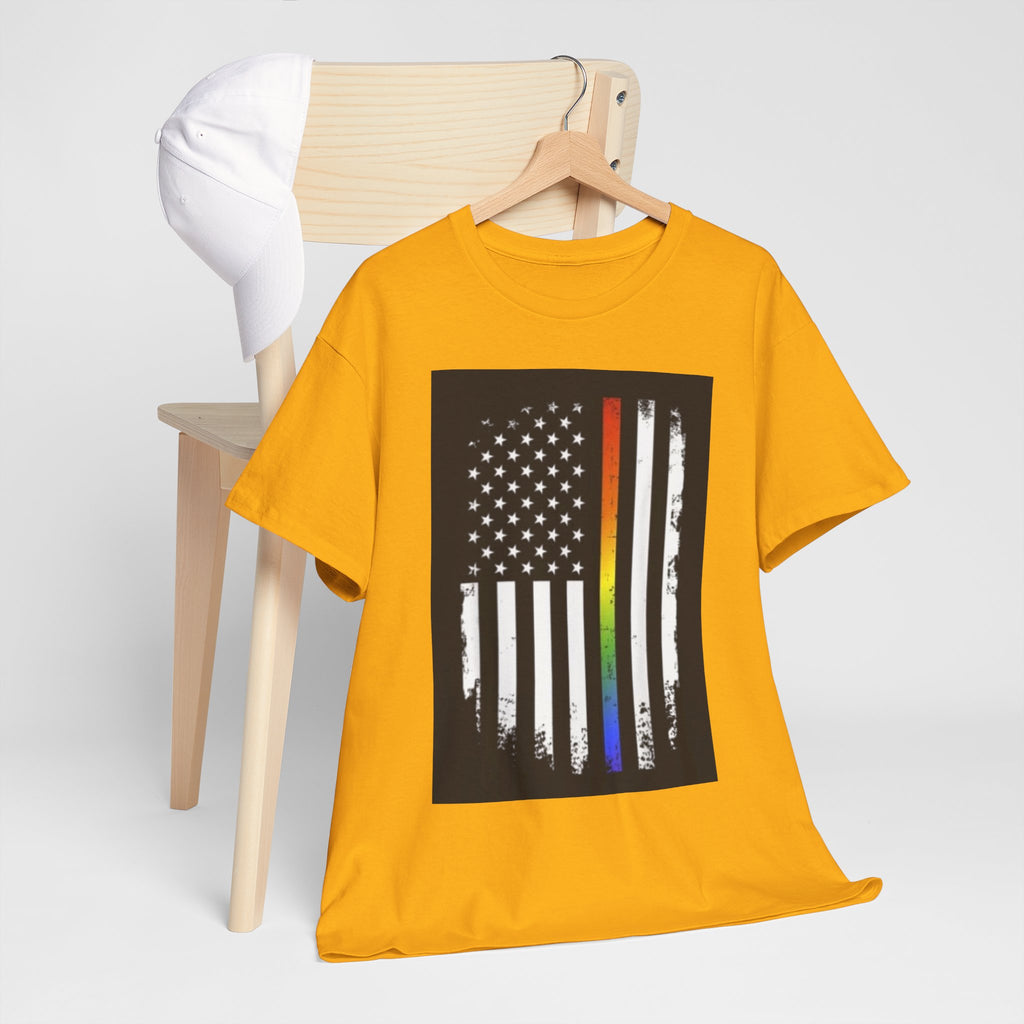 LGBTQ+ Pride Flag T‑Shirt — Distressed American Flag with Rainbow Stripe