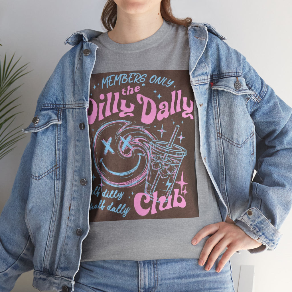 Dilly Dally Club Graphic Tee — Retro Pastel Drink & Moon Design