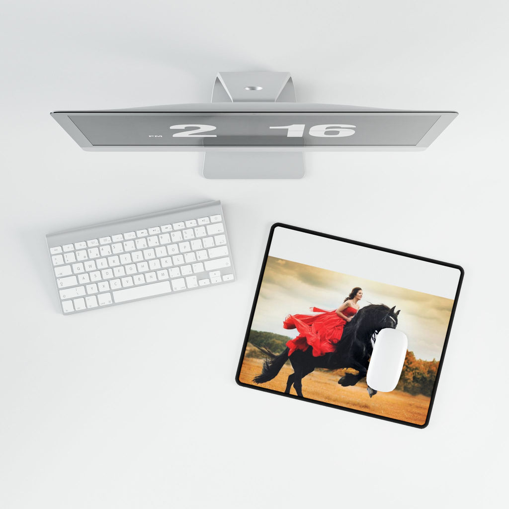 Equestrian Fantasy Desk Mat — Woman in Red on Black Stallion
