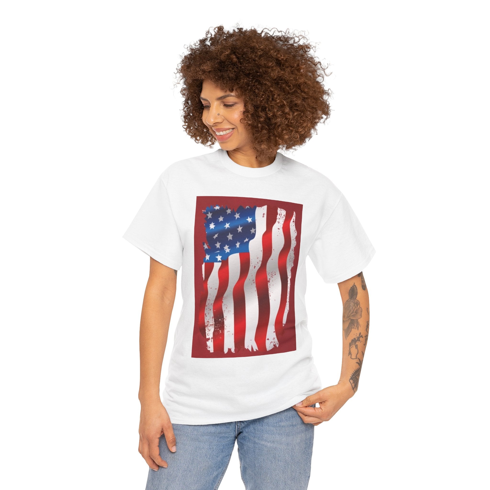 American Flag Graphic Tee — Distressed Wavy Stars & Stripes