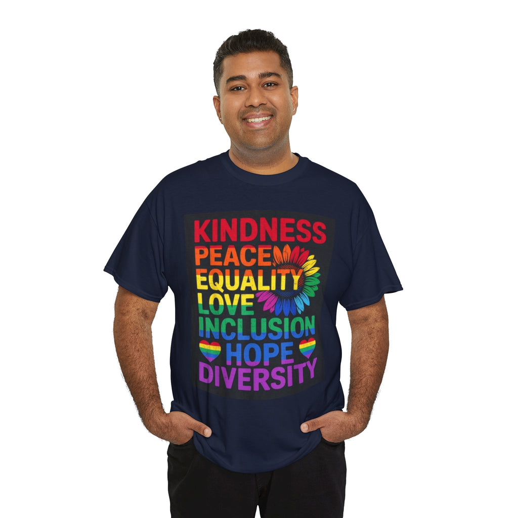 Kindness Peace Equality Rainbow T-Shirt — Pride Inclusion & Diversity Tee