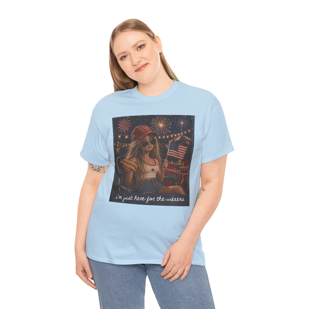 Patriotic Girl Graphic Tee — "I'm Just Here for the Fireworks" 4th of July Shirt