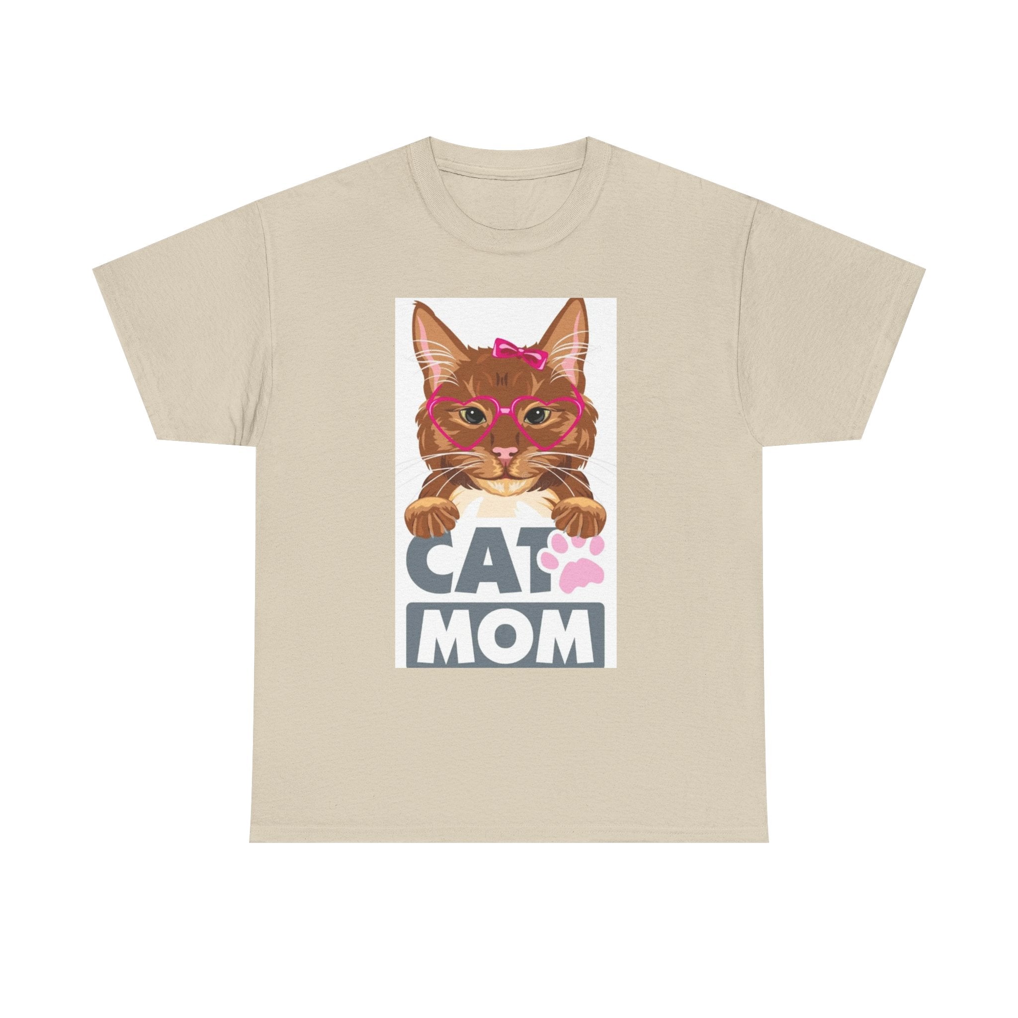 Cat Mom T-Shirt — Cute Cat Face Graphic Tee with "CAT MOM" Paw Print