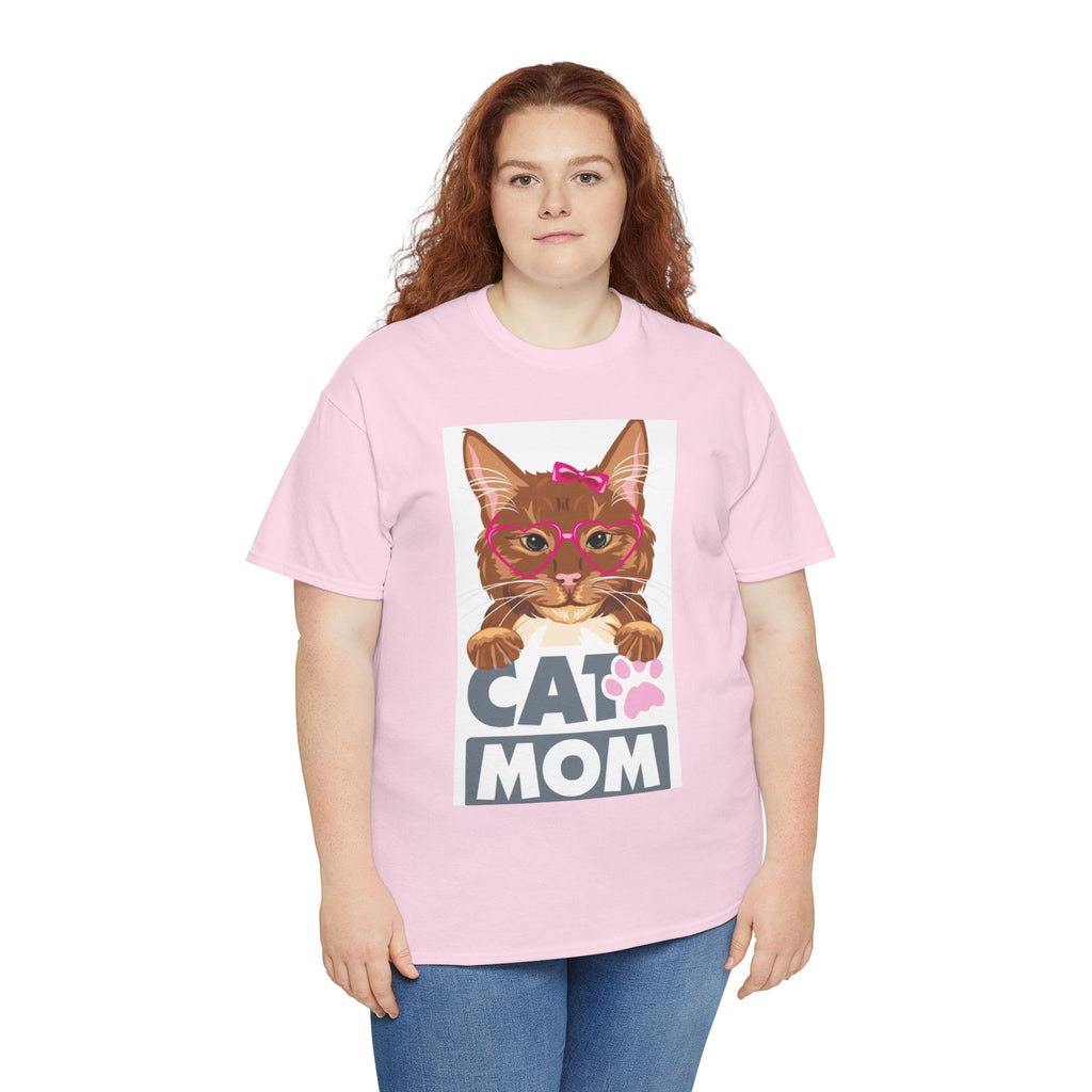 Cat Mom T-Shirt — Cute Cat Face Graphic Tee with "CAT MOM" Paw Print