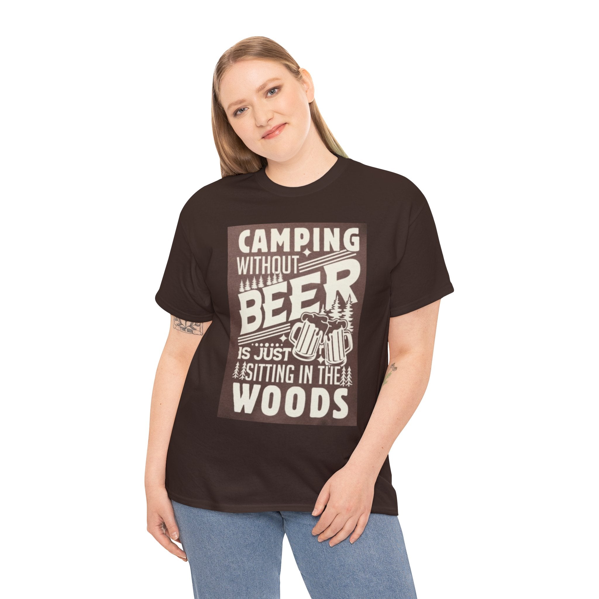 Camping Beer T-Shirt — "Camping Without Beer Is Just Sitting in the Woods" Outdoor Campfire Tee