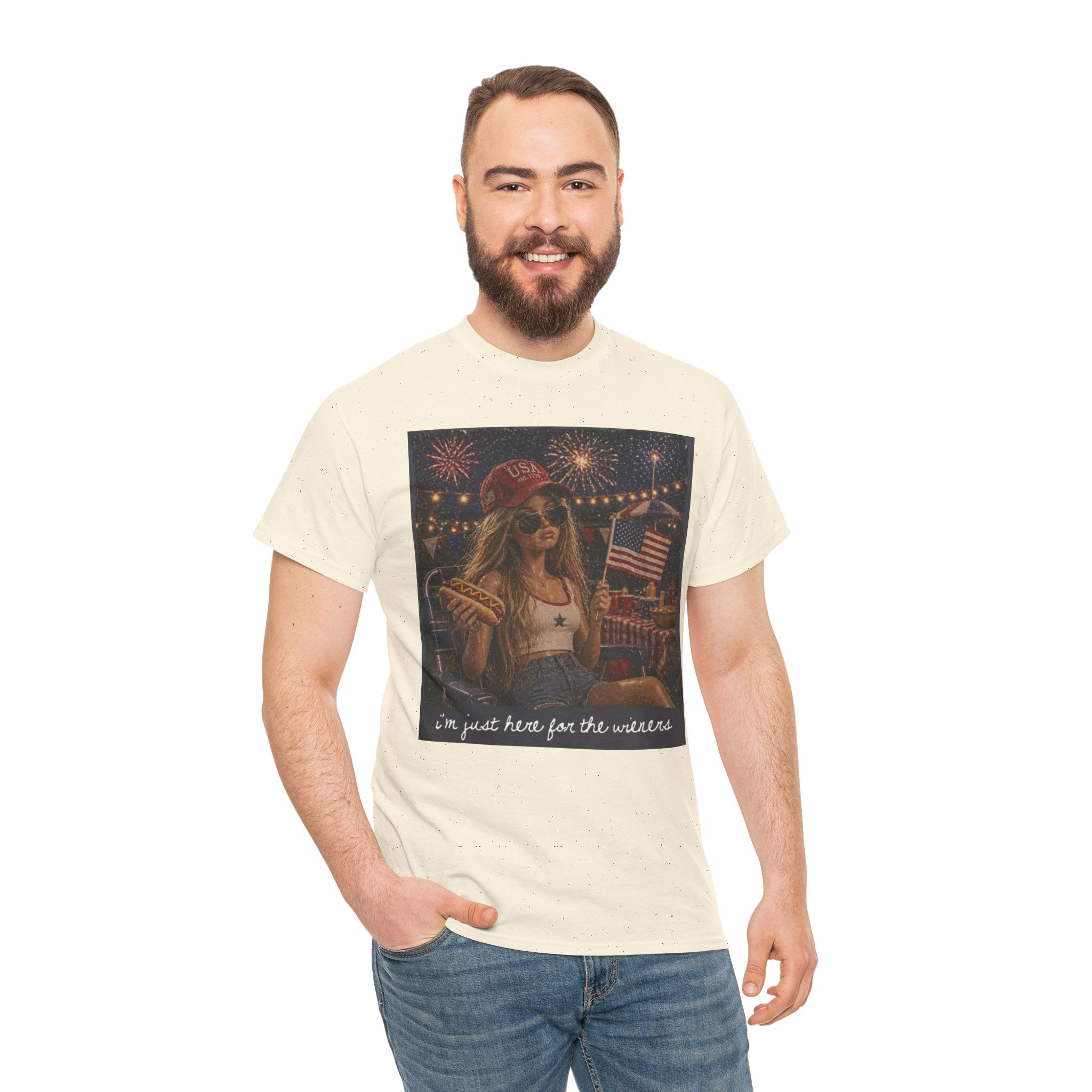 Patriotic Girl Graphic Tee — "I'm Just Here for the Fireworks" 4th of July Shirt