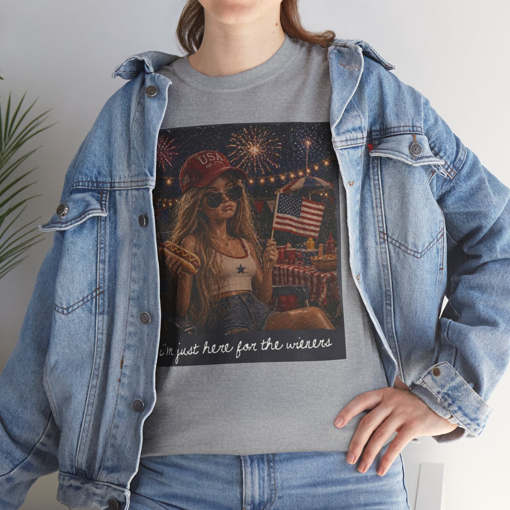 Patriotic Girl Graphic Tee — "I'm Just Here for the Fireworks" 4th of July Shirt