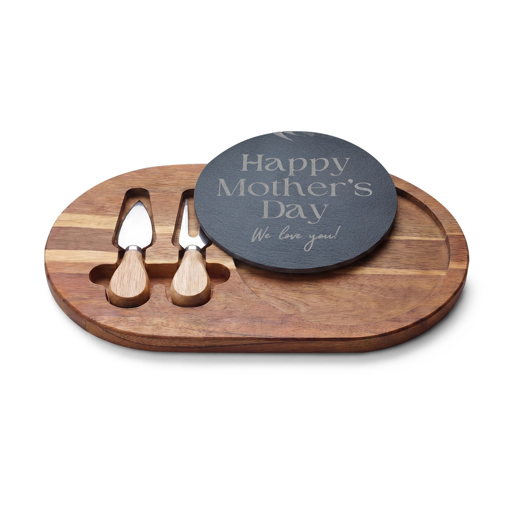 Engraved Mother's Day Charcuterie Board Set — Bamboo Cheese Board with Slate Inlay & Cheese Knives