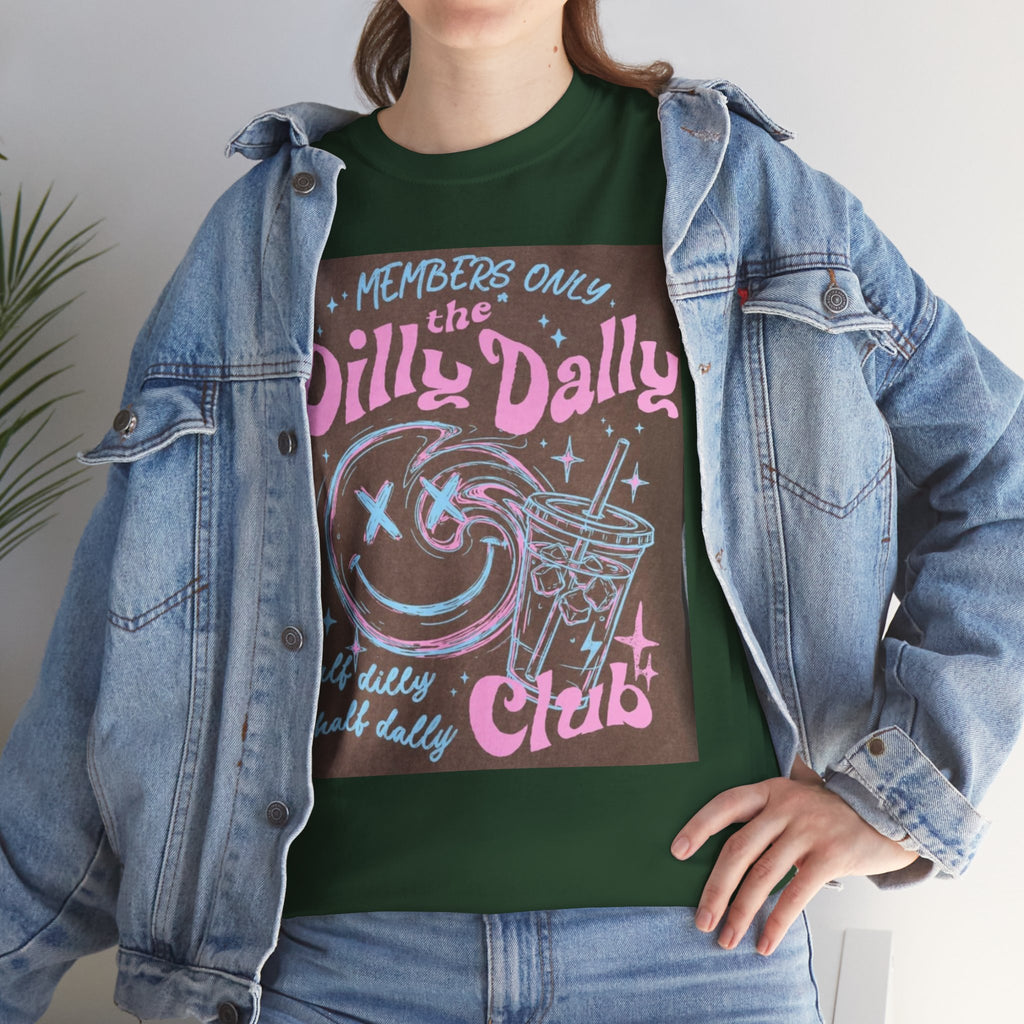 Dilly Dally Club Graphic Tee — Retro Pastel Drink & Moon Design