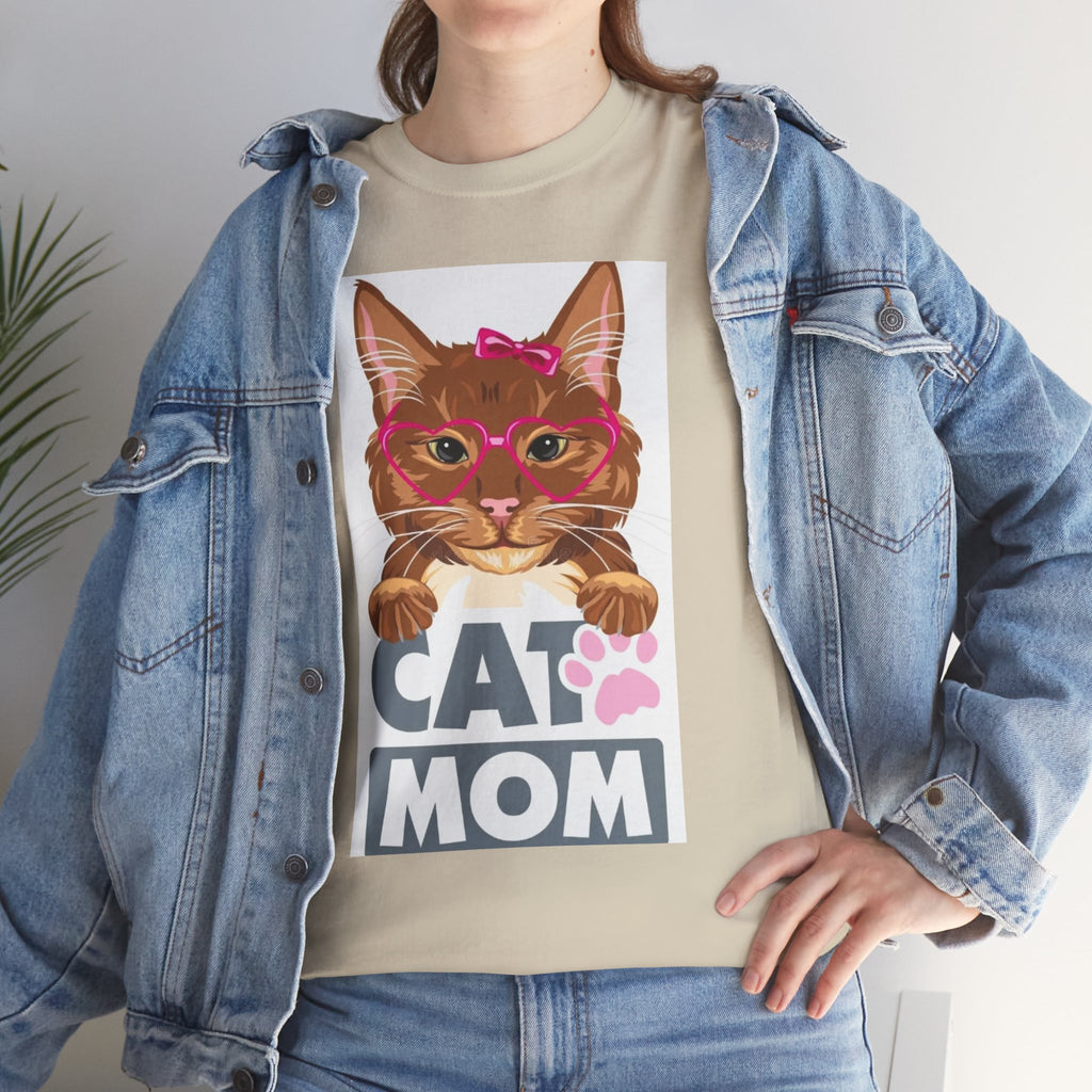 Cat Mom T-Shirt — Cute Cat Face Graphic Tee with "CAT MOM" Paw Print