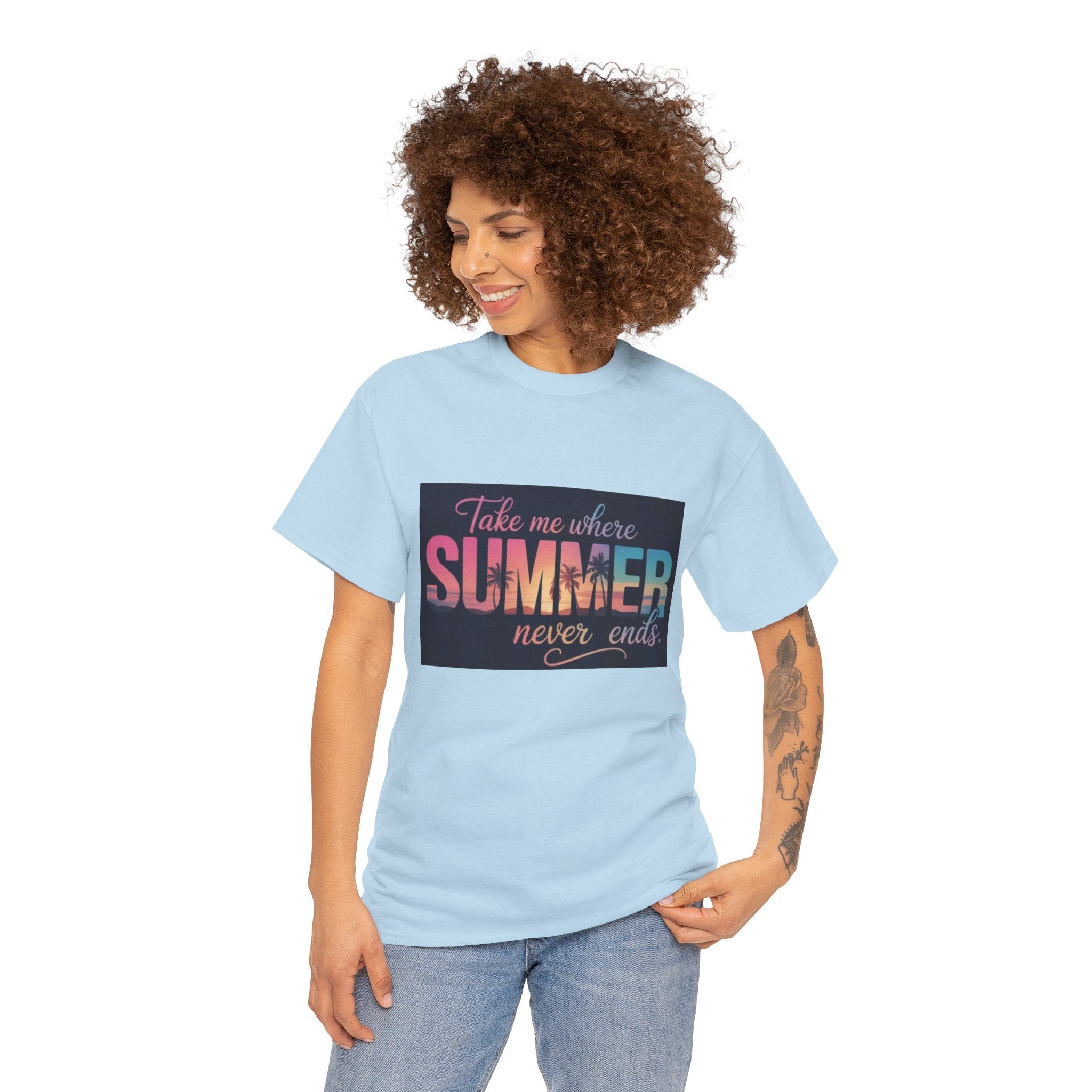 T-Shirt — "Take Me Where Summer Never Ends" Retro Beach Vibes