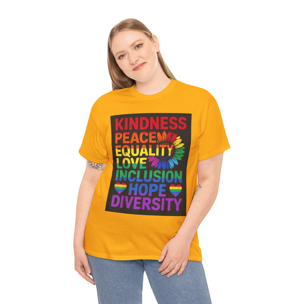 Kindness Peace Equality Rainbow T-Shirt — Pride Inclusion & Diversity Tee