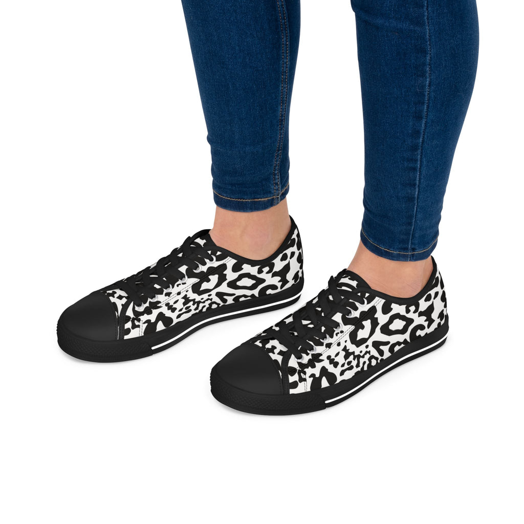 Leopard Print Low Top Sneakers — Black & White Casual Canvas Shoes