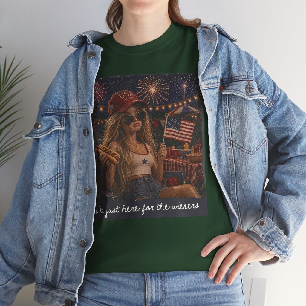 Patriotic Girl Graphic Tee — "I'm Just Here for the Fireworks" 4th of July Shirt