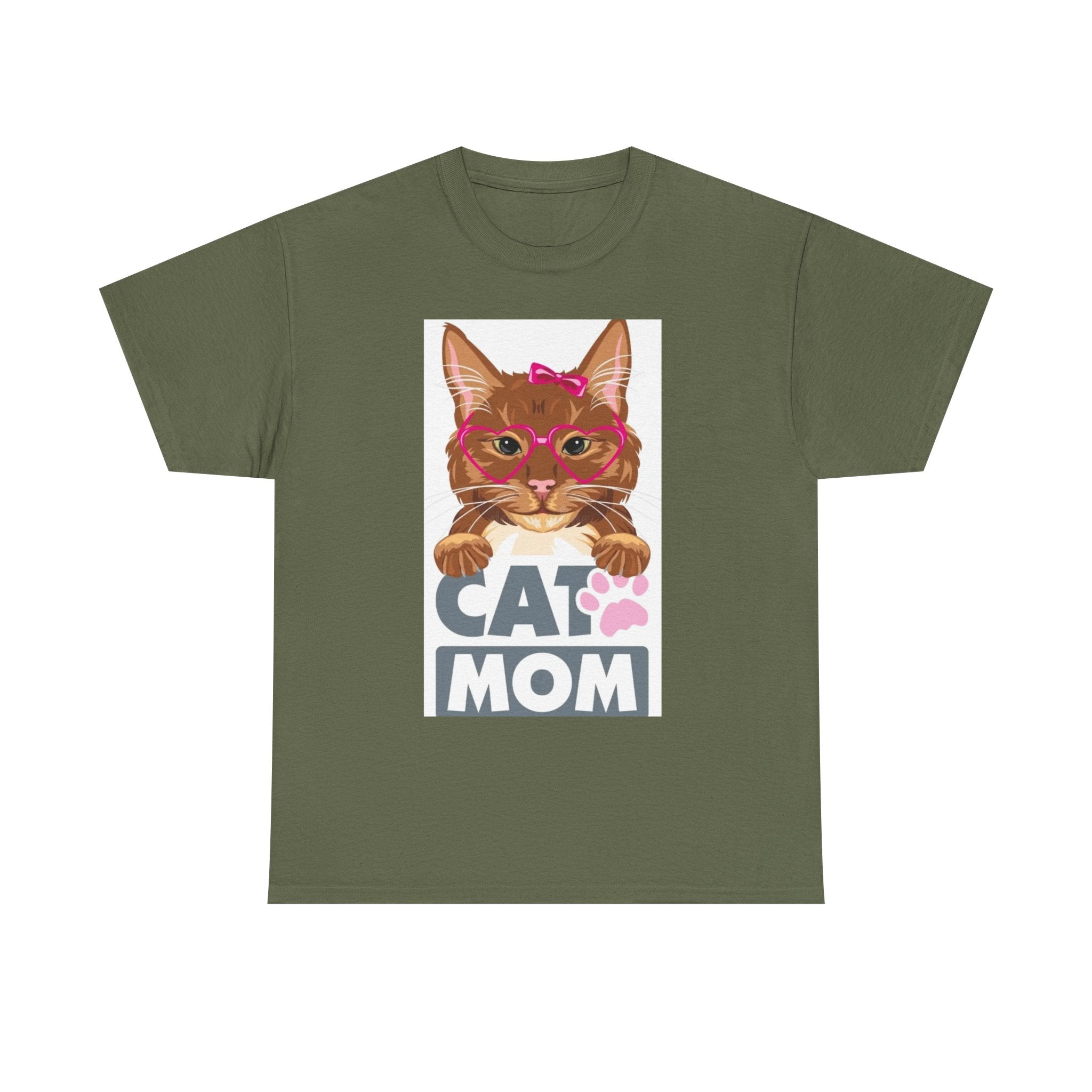 Cat Mom T-Shirt — Cute Cat Face Graphic Tee with "CAT MOM" Paw Print