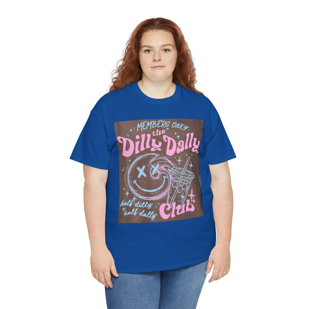 Dilly Dally Club Graphic Tee — Retro Pastel Drink & Moon Design