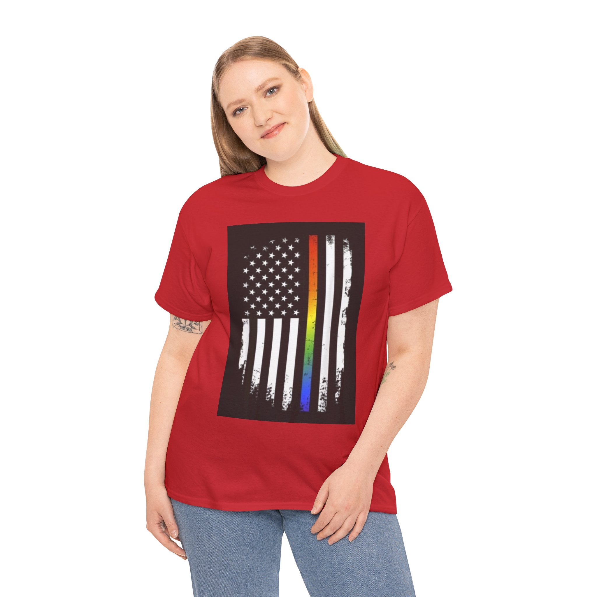 LGBTQ+ Pride Flag T‑Shirt — Distressed American Flag with Rainbow Stripe