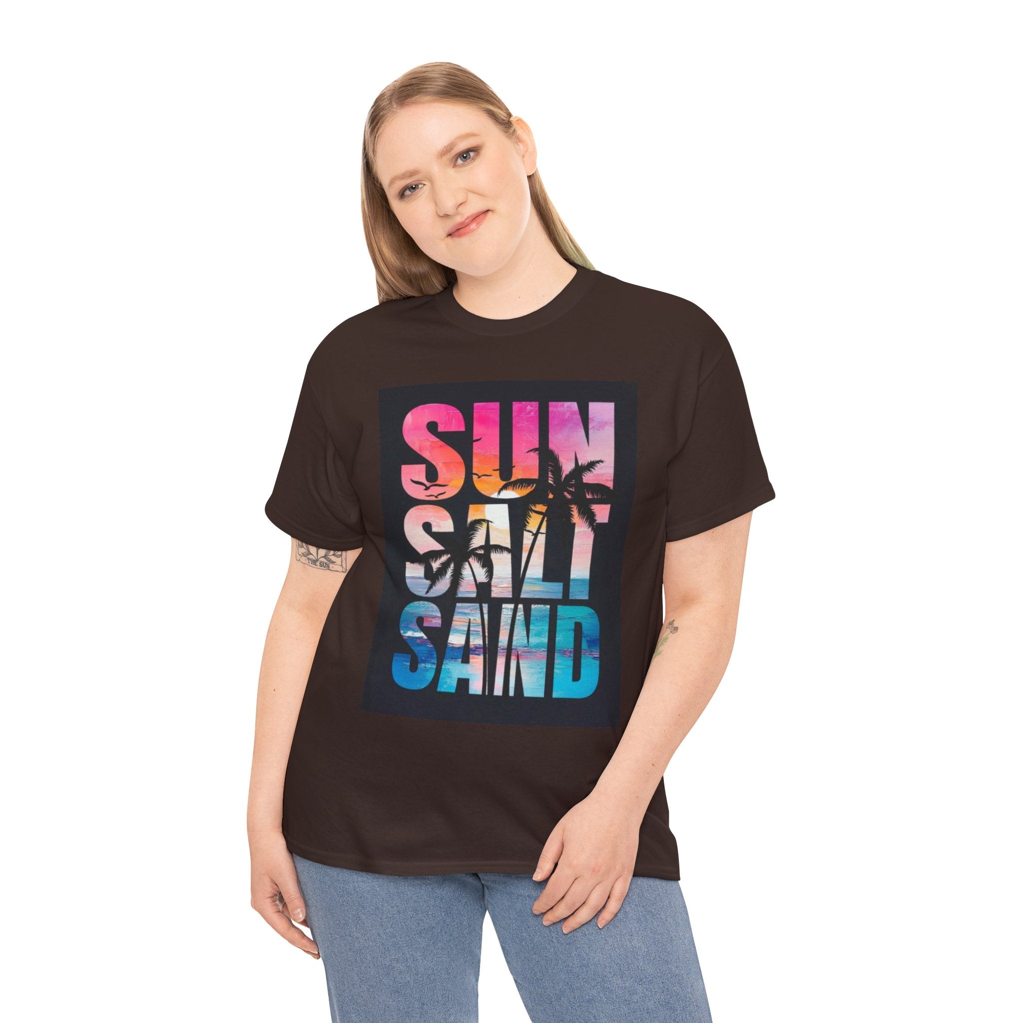 Sun Salt Sand Beach T-Shirt — Tropical Palm Sunset Graphic Tee