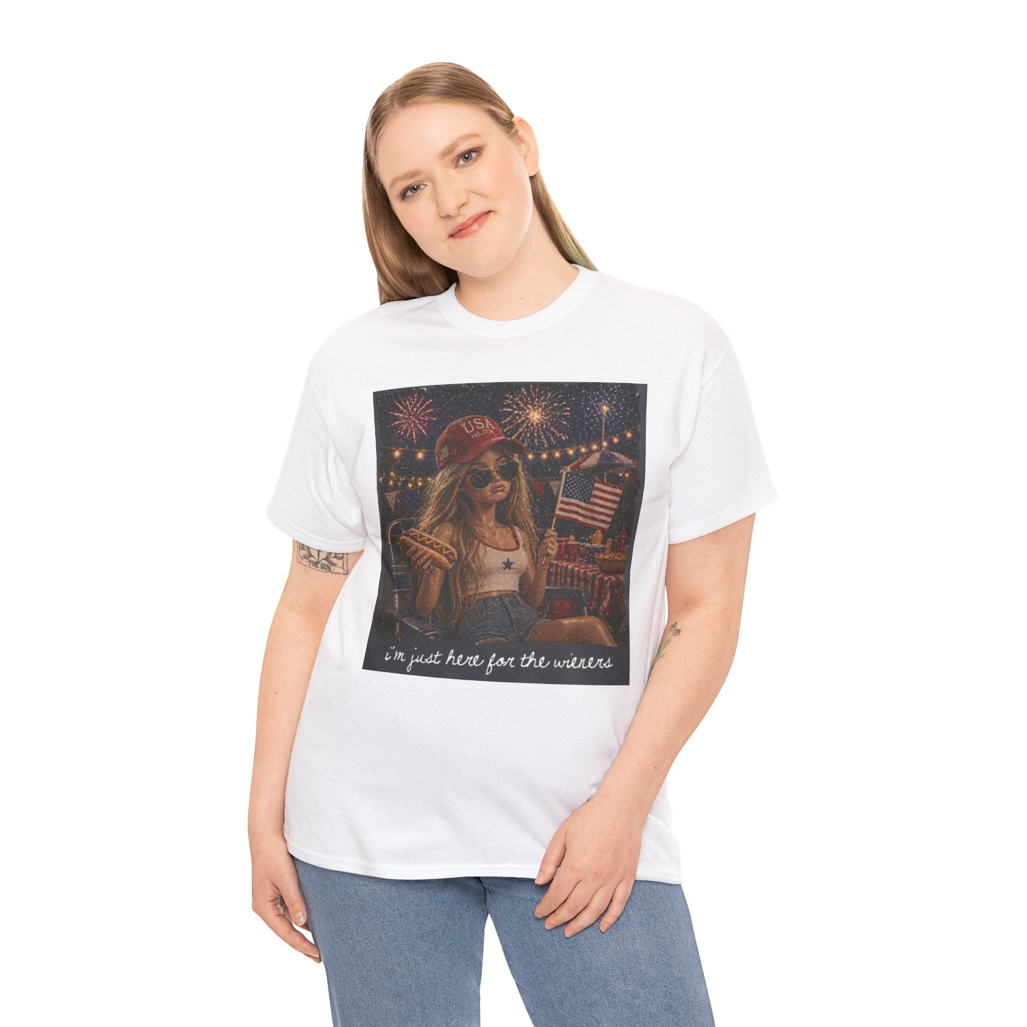 Patriotic Girl Graphic Tee — "I'm Just Here for the Fireworks" 4th of July Shirt