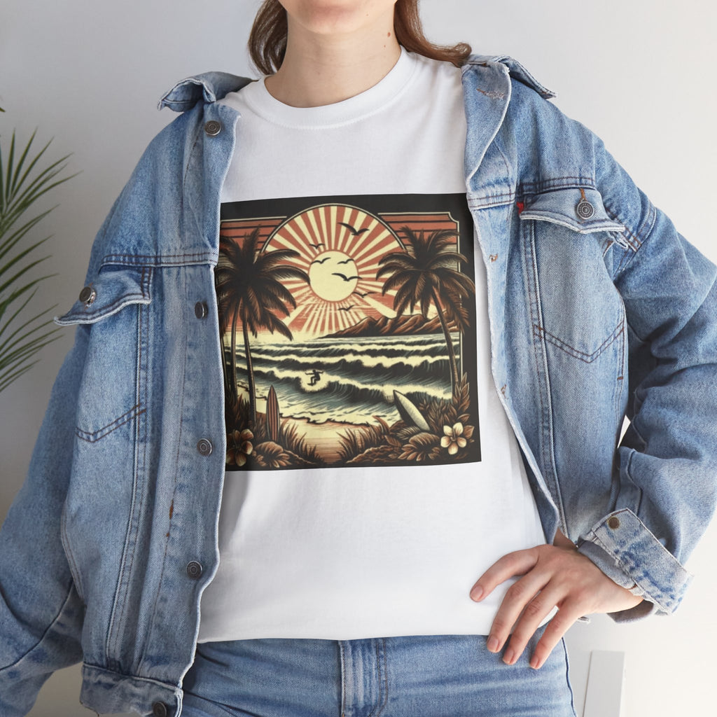 Retro Tropical Beach T-Shirt — Vintage Palm Sunset Graphic Tee