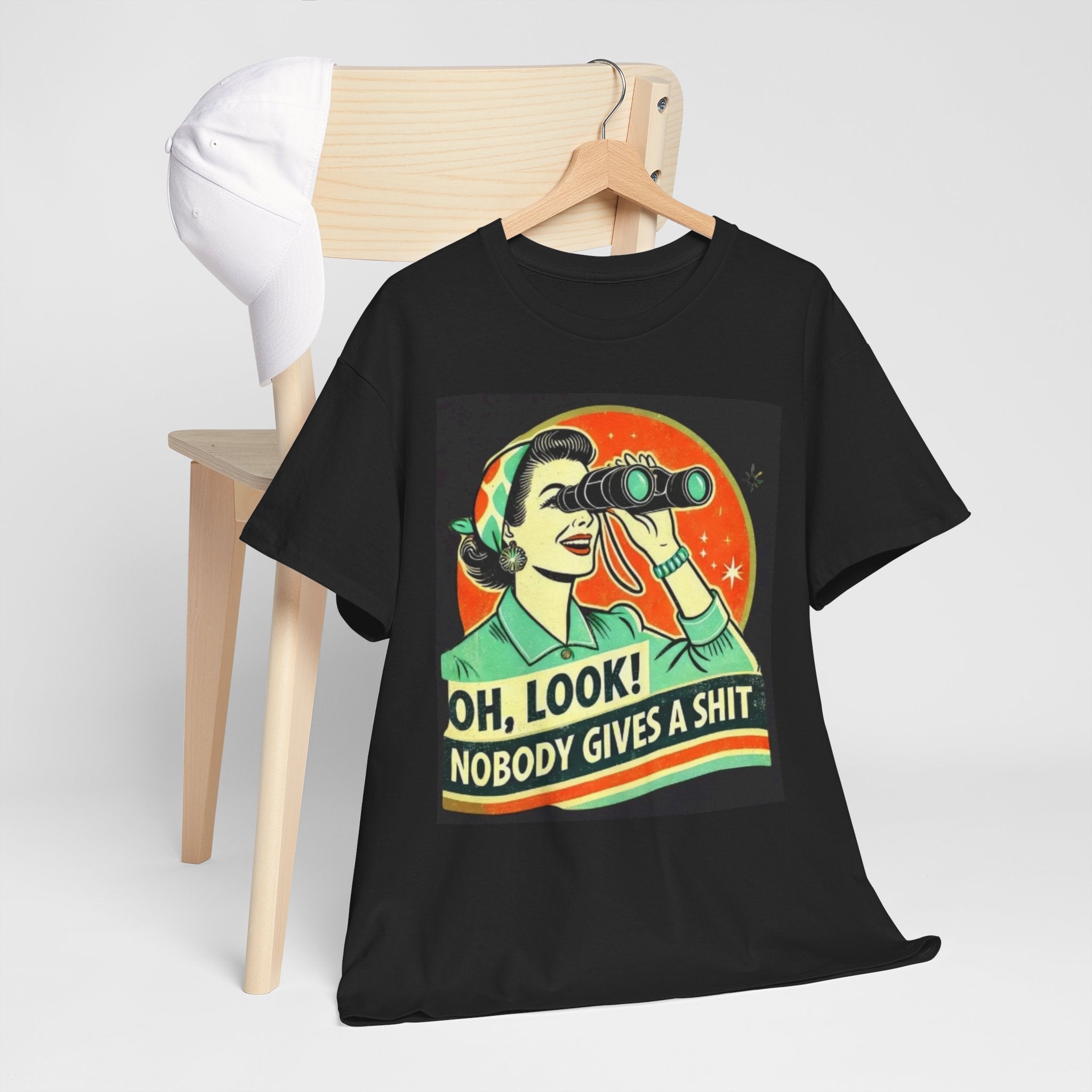 Graphic Tee — "Oh, Look! Nobody Gives a Shit" Retro Binoculars Design