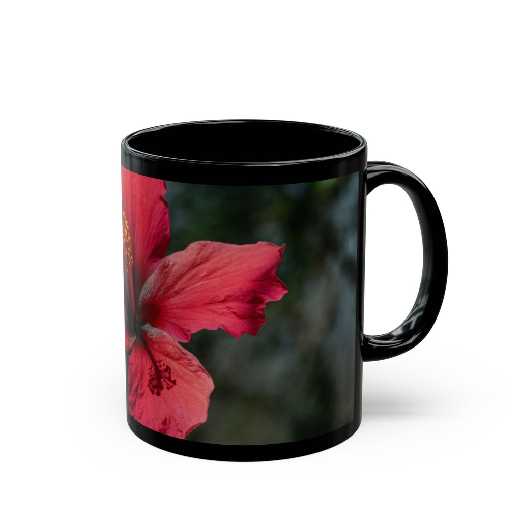 Hibiscus Floral Black Mug - Tropical Red Flower Coffee Cup (11oz/15oz)