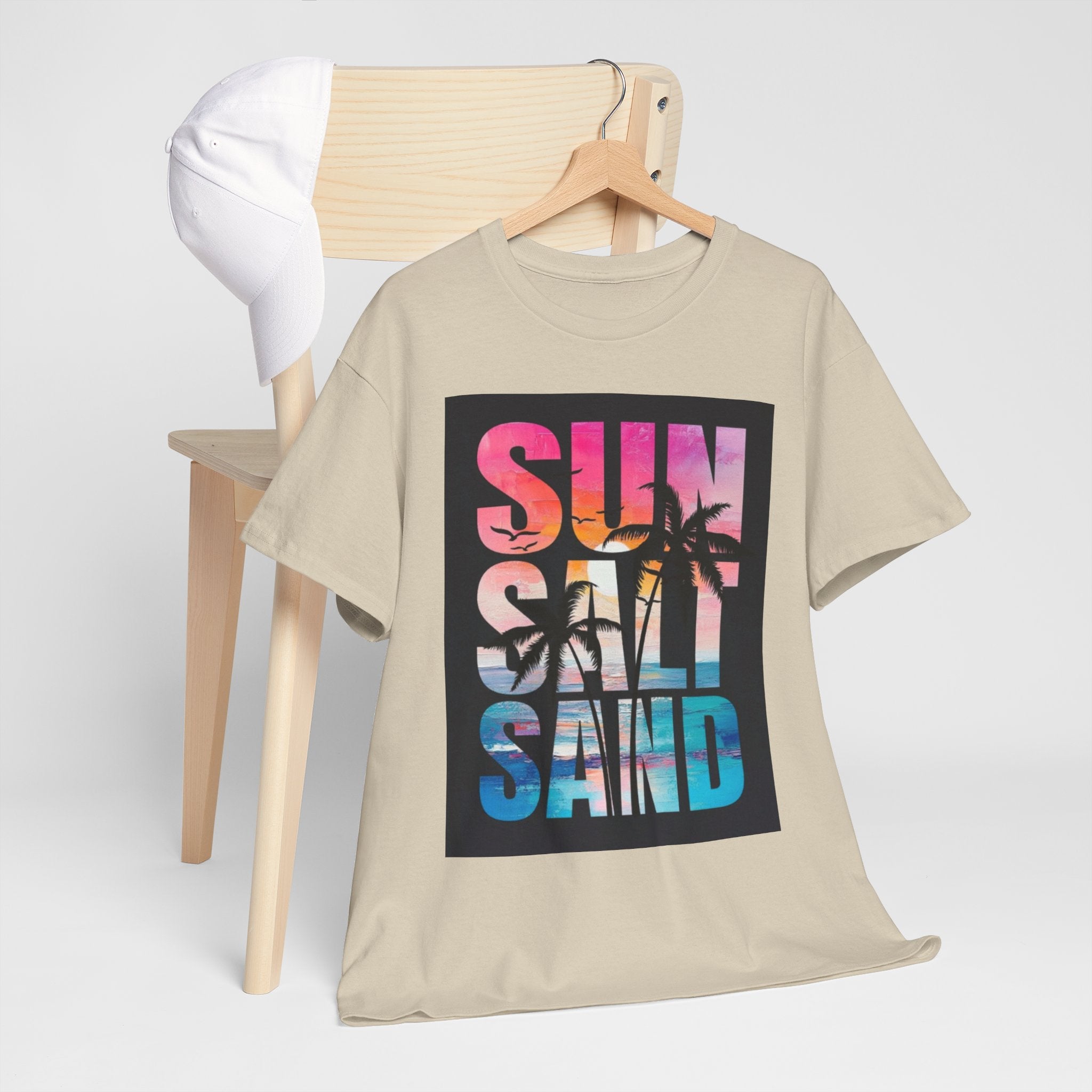 Sun Salt Sand Beach T-Shirt — Tropical Palm Sunset Graphic Tee