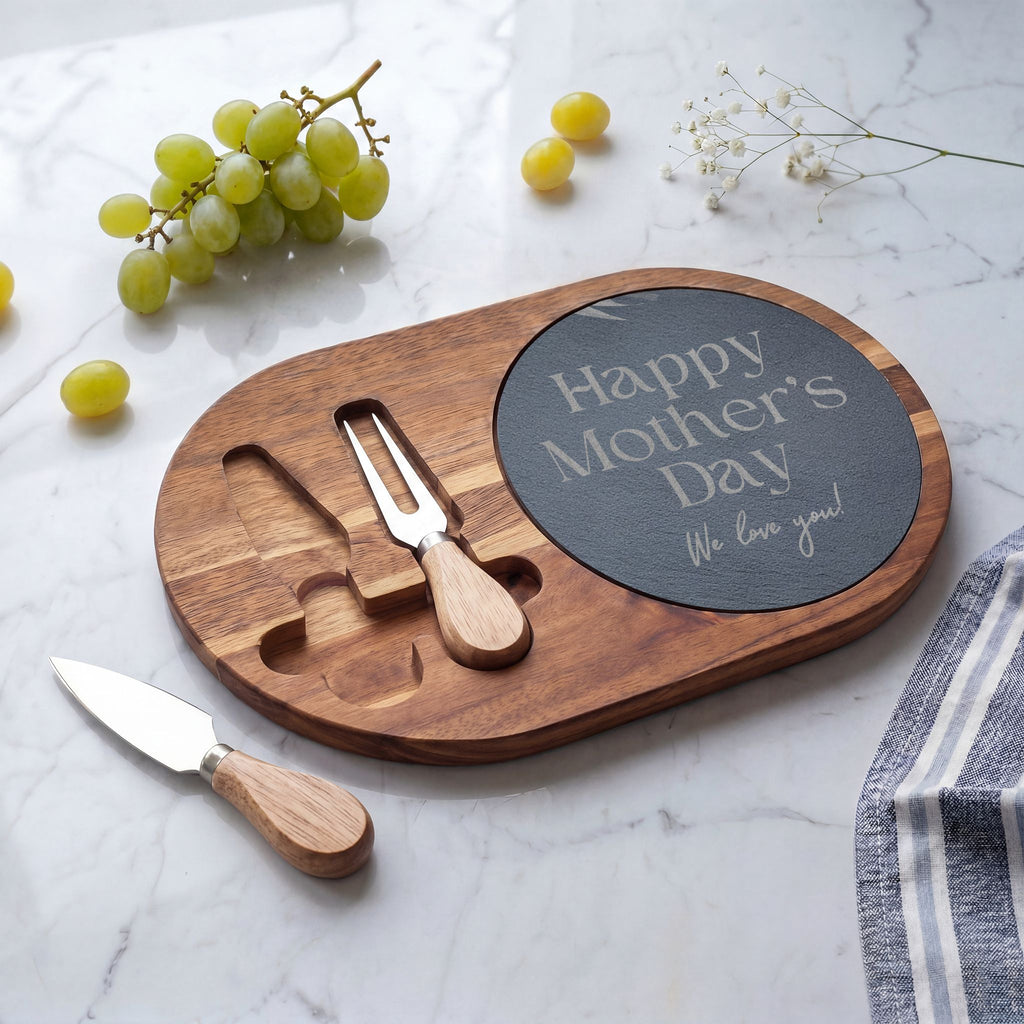 Engraved Mother's Day Charcuterie Board Set — Bamboo Cheese Board with Slate Inlay & Cheese Knives