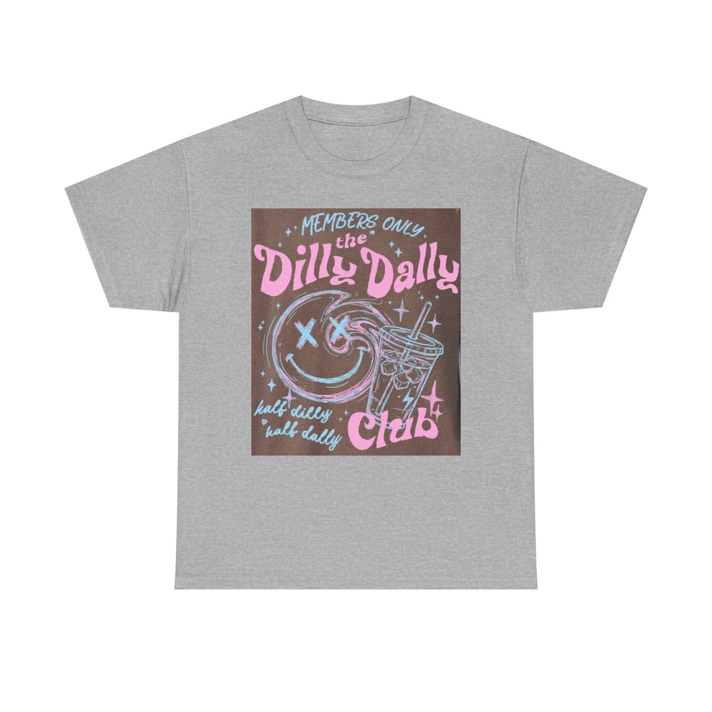 Dilly Dally Club Graphic Tee — Retro Pastel Drink & Moon Design