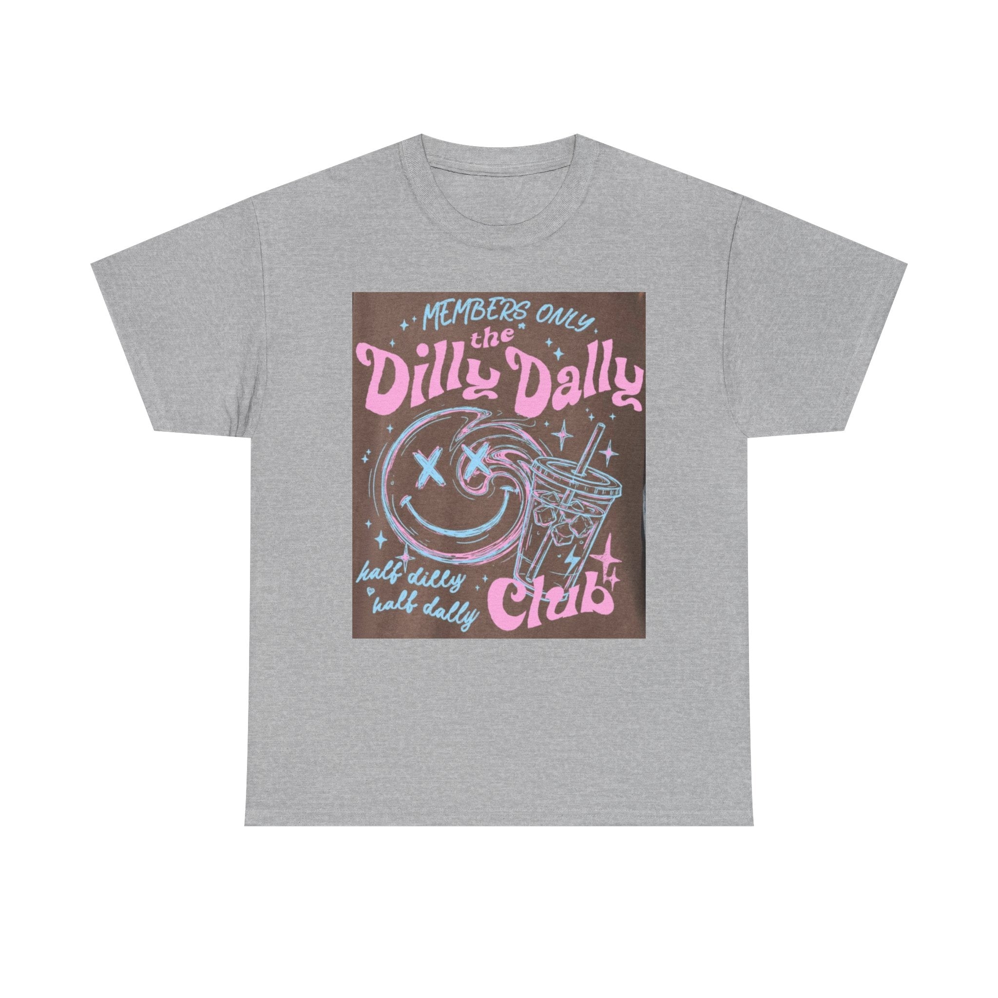 Dilly Dally Club Graphic Tee — Retro Pastel Drink & Moon Design