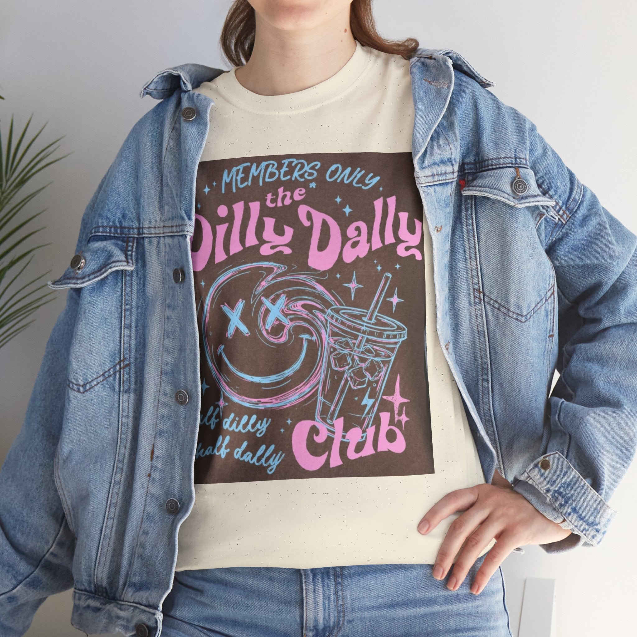 Dilly Dally Club Graphic Tee — Retro Pastel Drink & Moon Design