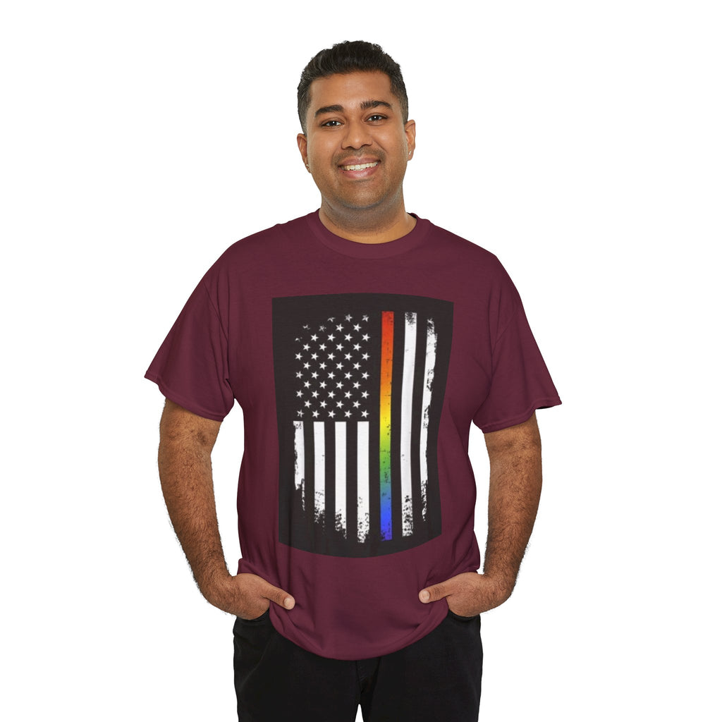 LGBTQ+ Pride Flag T‑Shirt — Distressed American Flag with Rainbow Stripe