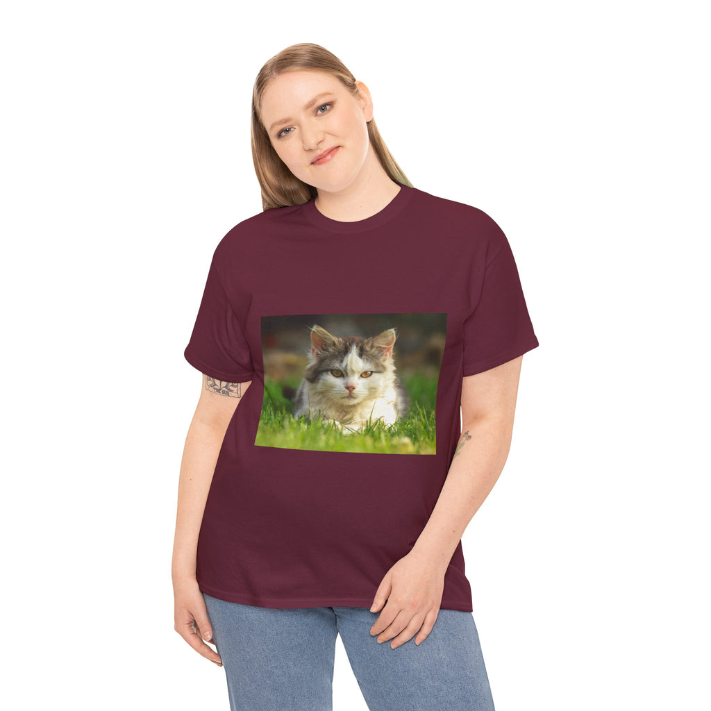 Cat Photo Tee — Relaxed Cat Lying in Grass T-Shirt