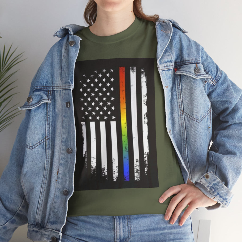 LGBTQ+ Pride Flag T‑Shirt — Distressed American Flag with Rainbow Stripe
